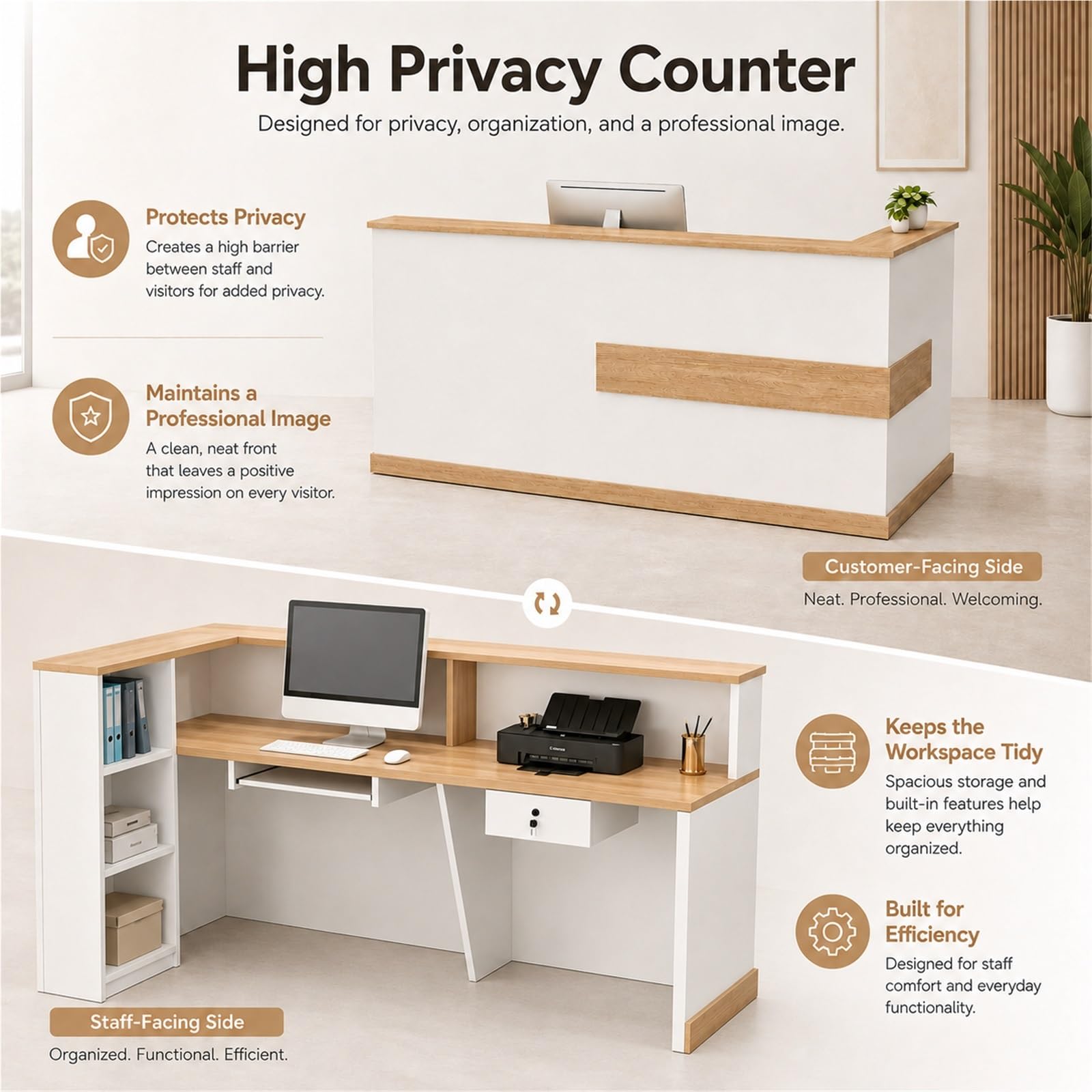 Moderne L-förmige Empfangstheke Rezeptionstheke mit Schublade, Stauraum | 110 cm Hohem Sichtschutz für Büro Salon Praxis Laden Hotel Studio(Right beige+White,120cm/47.2")
