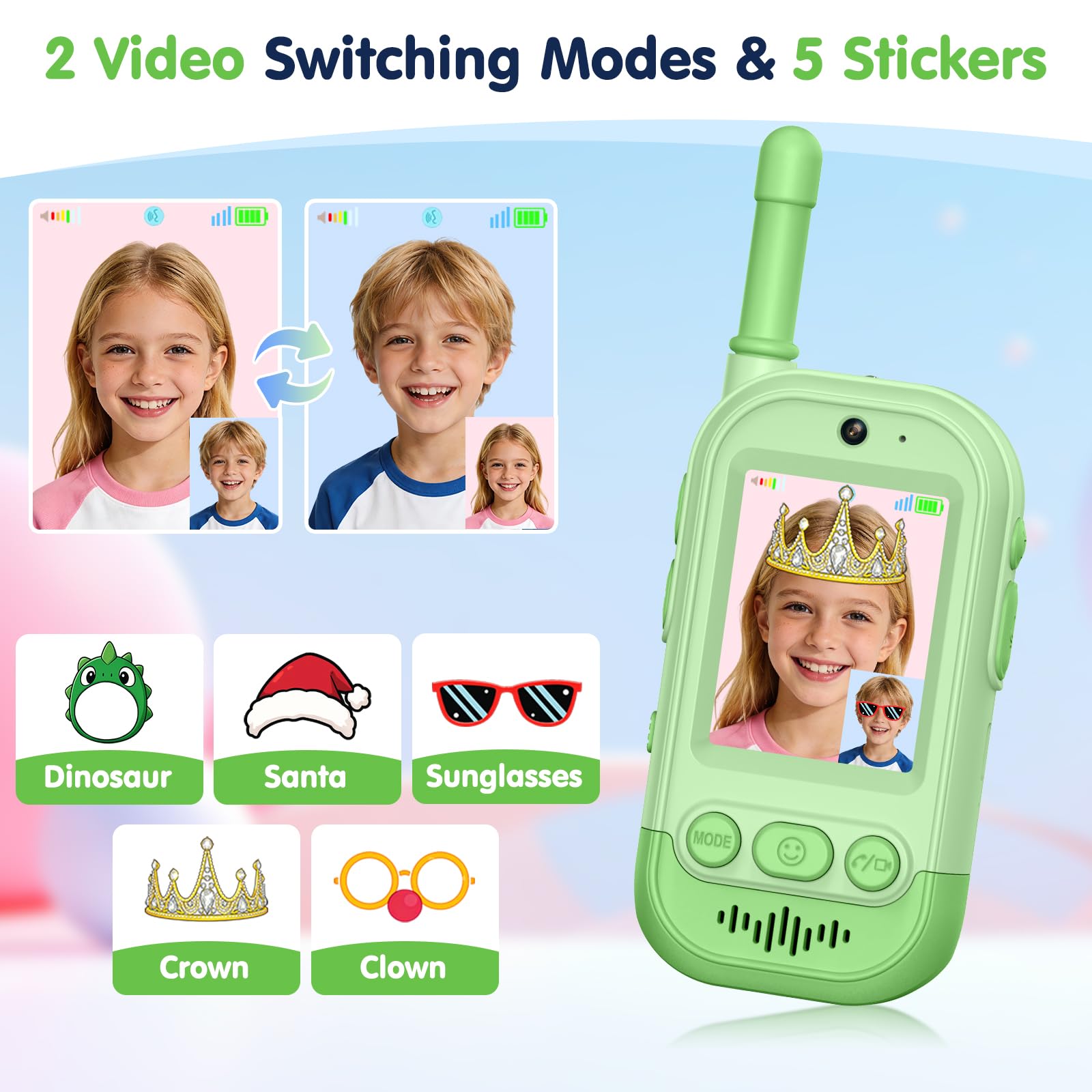 Video Walkie Talkie Kinder, Gofunly 2er Set Walky Talky Aufladbar mit Bildschirm, 400M Reichweite, Geburtstagsgeschenk Weihnachten Spielzeug für Jungen & Mädchen 3-12 Jahre - Grün+Blau