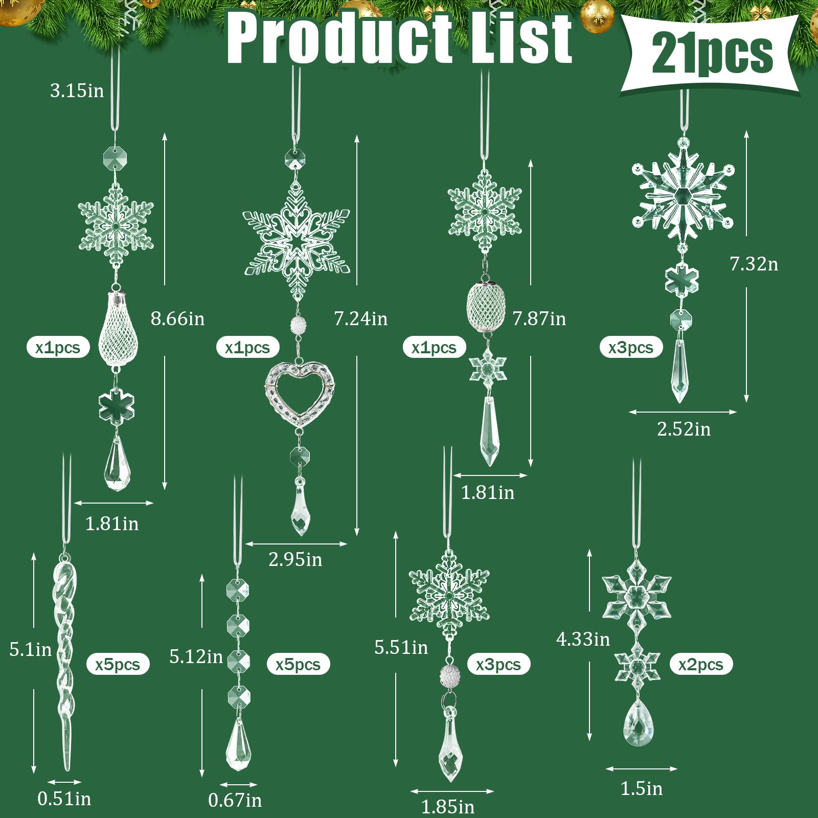Crystal Ornaments Christmas Tree Decorations - 21pcs Christmas Tree Ornaments Sparkling Dazzling Festival Party Decoration Crystal Snowflake Design Hanging Ornament Holiday Season Home Decor