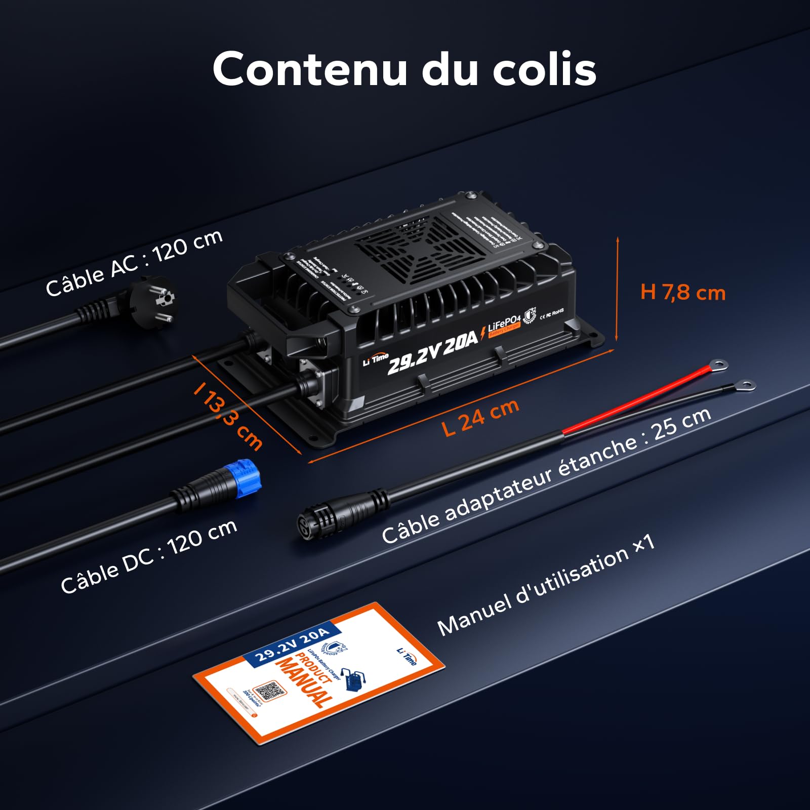 LiTime Chargeur Batterie Lithium 24V 20A, 29,2V AC-DC, IP67 Étanche