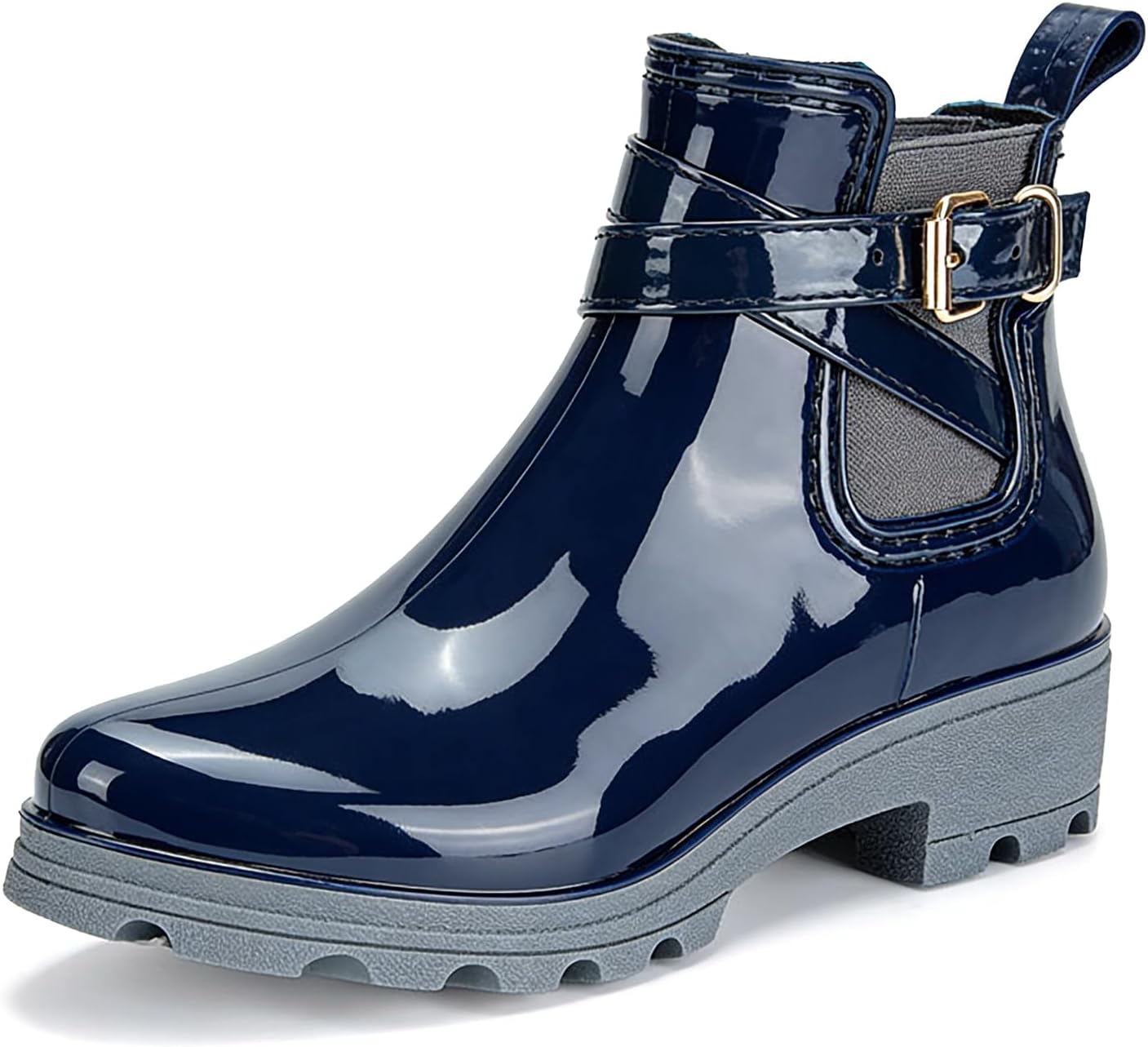 Women's PVC Platform Lug Sole Ankle Rain Boots with Buckle Comfort Pull on Elastic Band Chunky Heel Anti-slip Waterproof Chelsea Short Garden Work Boots
