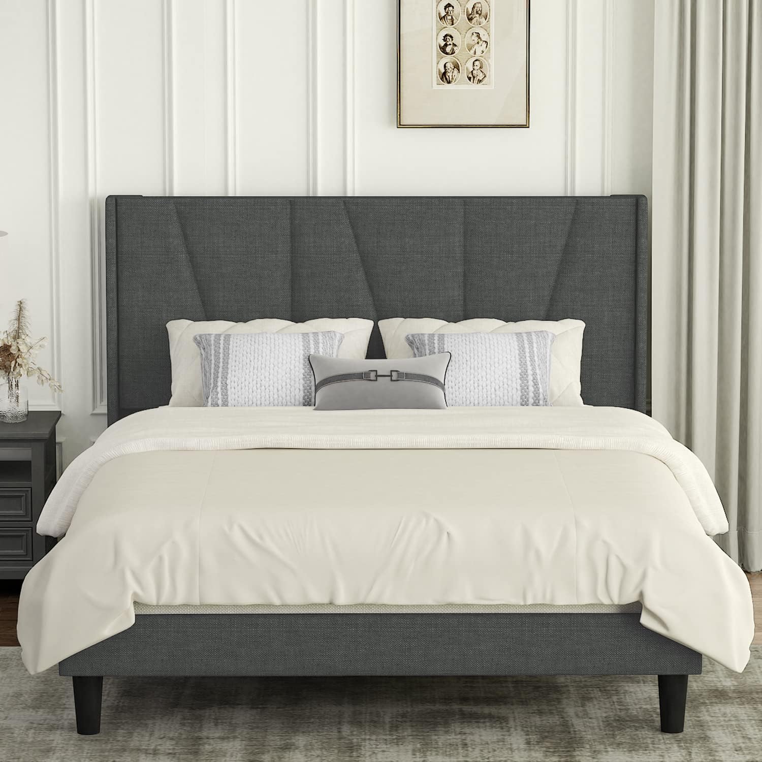 IMUsee Queen Size Bed Frame with Geometric Wingback Headboard, Upholstered Platform with Wood Slats Support, No Box Spring Needed, Easy Assembly, Dark Grey
