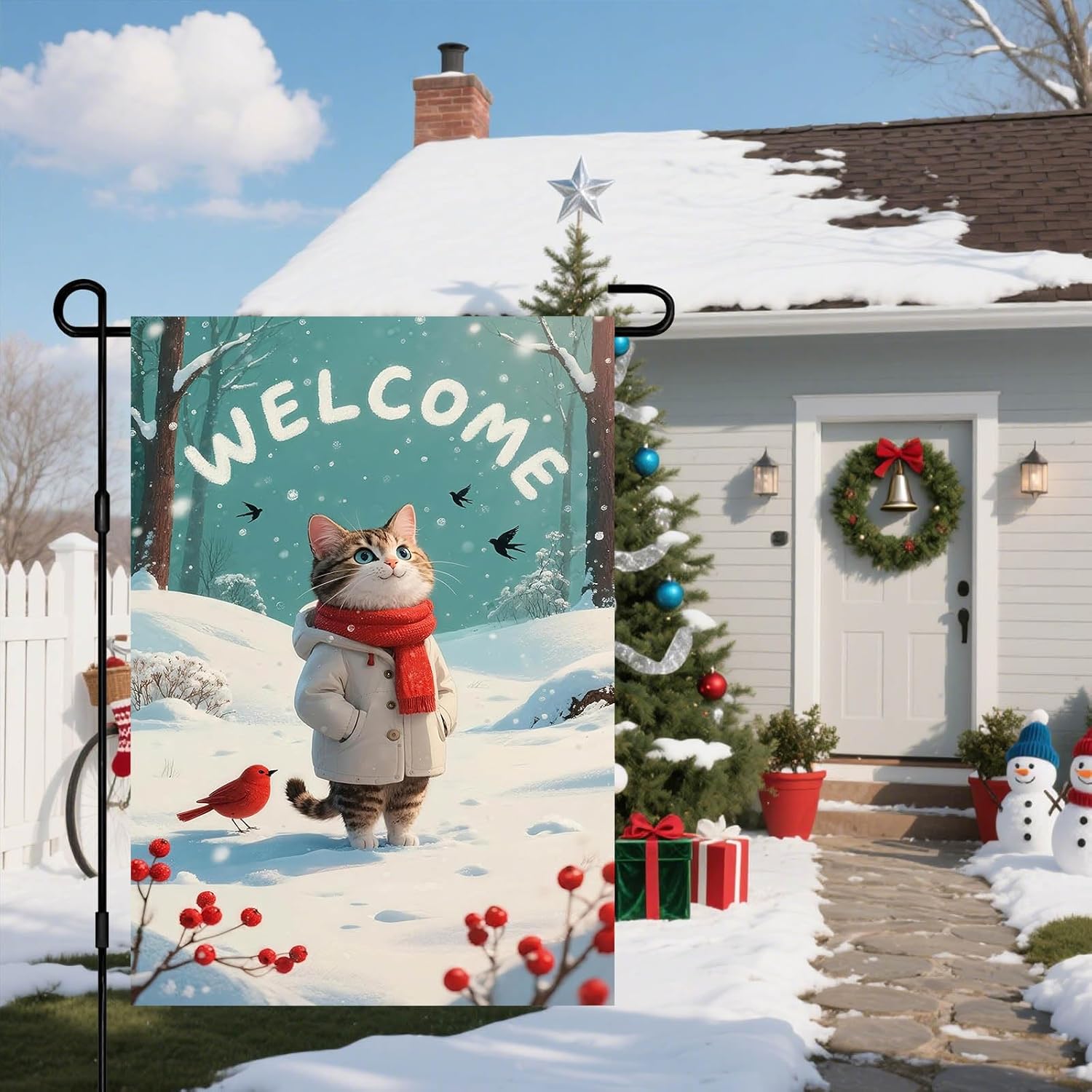 IVN Winter Welcome Garden Flag 12x18 Inch Tabby Cat in Beige Coat Red Scarf with Snowfall Pine Trees and Red Berries Flag Double Sided Outdoor Yard Banner for Porch Lawn Patio Decor Christmas - Image 8