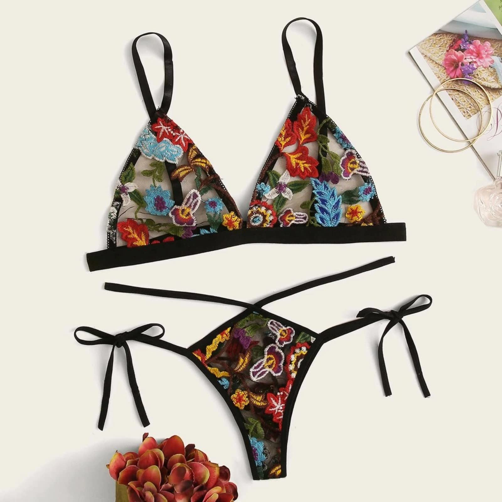 Stretch Chemise Aushöhlen Kostüme Spitze Transparent Blumenstickerei Unterwäsche Zweiteiliges Set