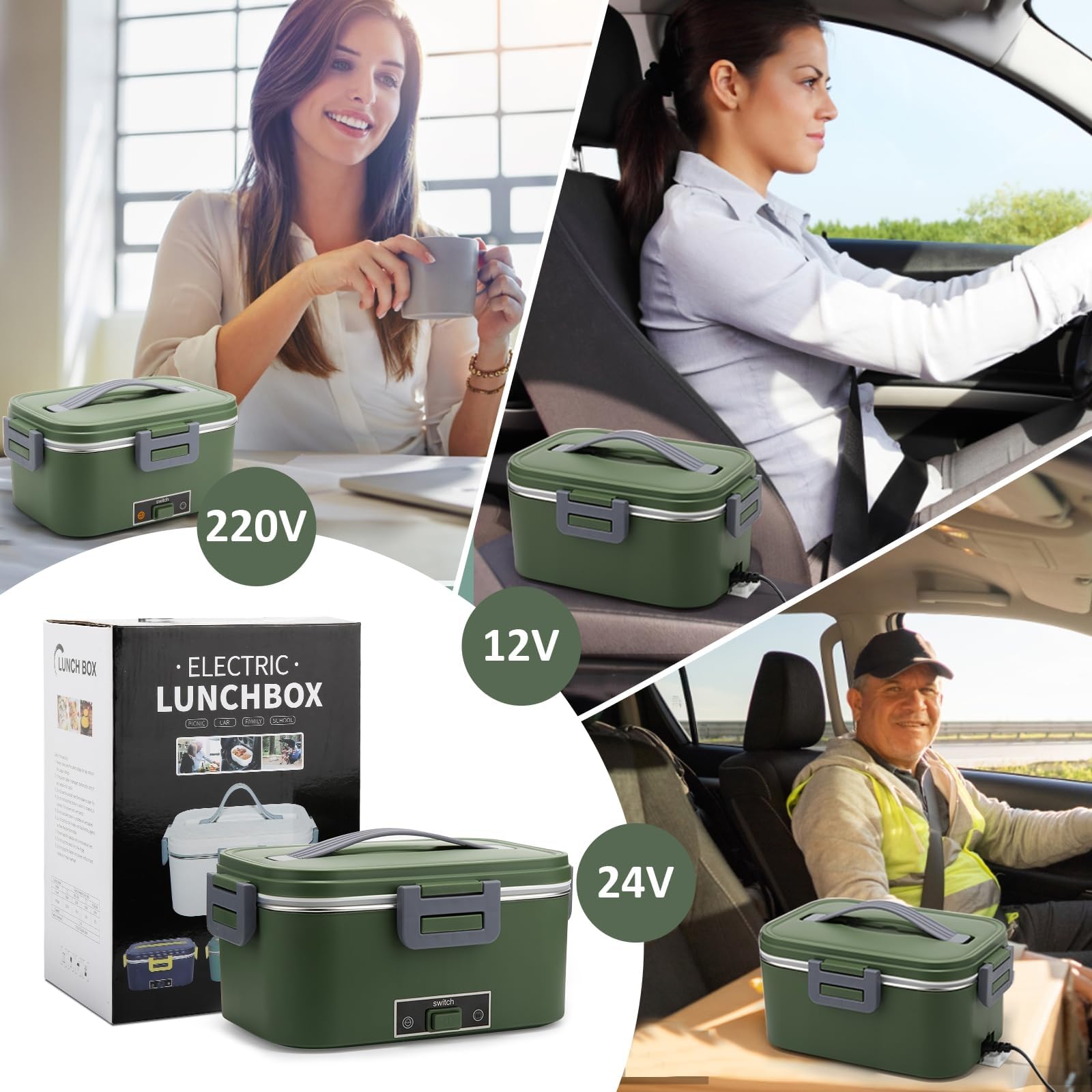Lonchera eléctrica de 100 W, 1.8 L, acero inoxidable extraíble, 3 en 1, portátil, con calefacción, 12 V/24 V/220 V, caja de calor aislada para coche/camión/oficina/hogar, con bolsa aislada y
