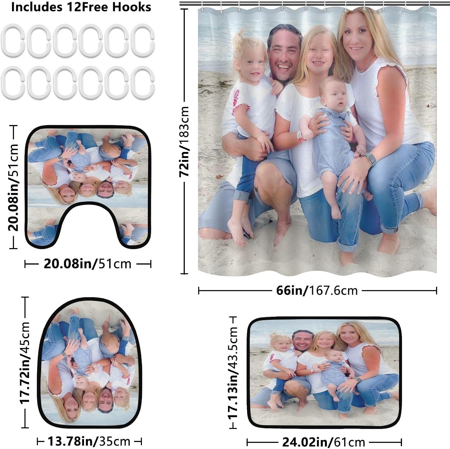 MNSRUU Custom Bathroom Sets with Shower Curtain and Rugs Customize Shower Curtain 4 Piece Set Include 12 Hooks, 1 Bath Mat, 1 Contour Mat, 1 Toilet Lid Cover, Custom