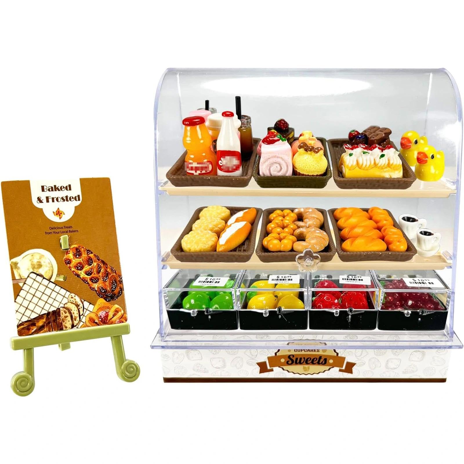 HKLMRO 86 Pieces Miniature Bakery Case Cake Stand Display Cabinet with Food Set Mini Plastic Counter Dessert Donuts for 1:12 Doll House Store Scene Decoration Gift Dollhouse Bread Shop Model Playhouse