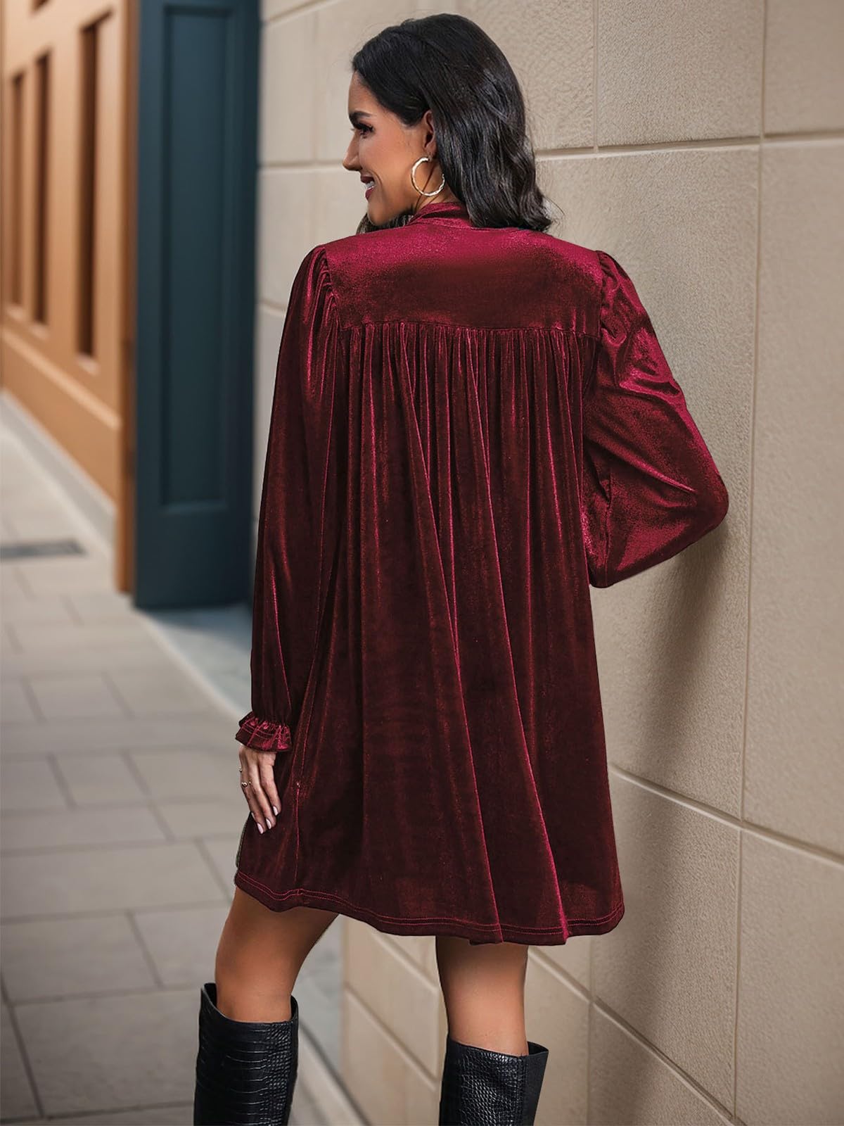 Wowcarbazole Abito da donna in velluto con scollo a V, vita imperiale, maniche lunghe, inverno, vacanze, feste, tunica, mini abito