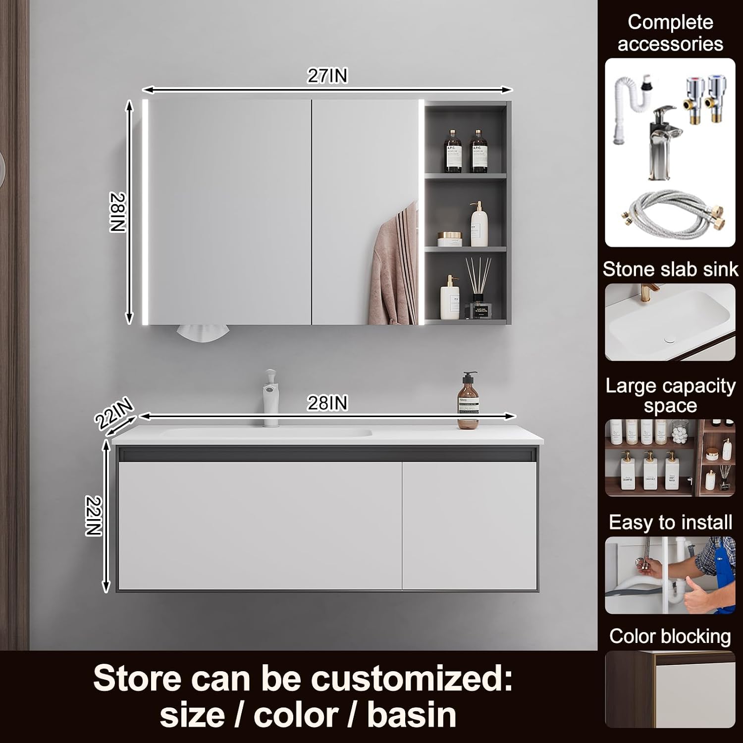 Oneroom Large Bathroom Vanity with Double Sink, Vessel Sink Bathroom Vanity Cabinet with Vanity Mirror Light,Wide Mirror & Vanity Mirror