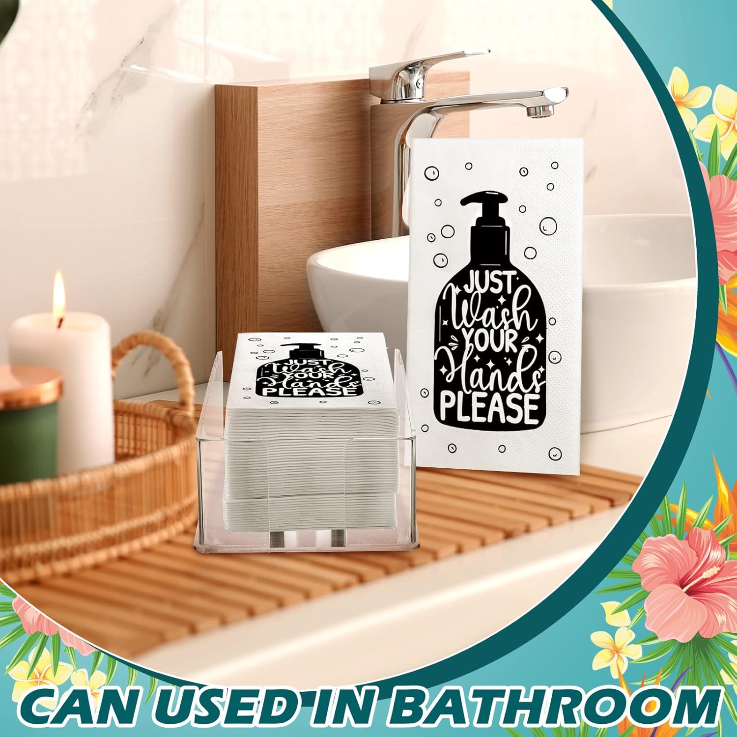 Teling 200 Pcs Disposable Bathroom Napkins with 1 Clear Acrylic Napkin Holder Decorative Etiquette Guest Paper Hand Towels for Toilet Powder Room Wedding Birthday Anniversary