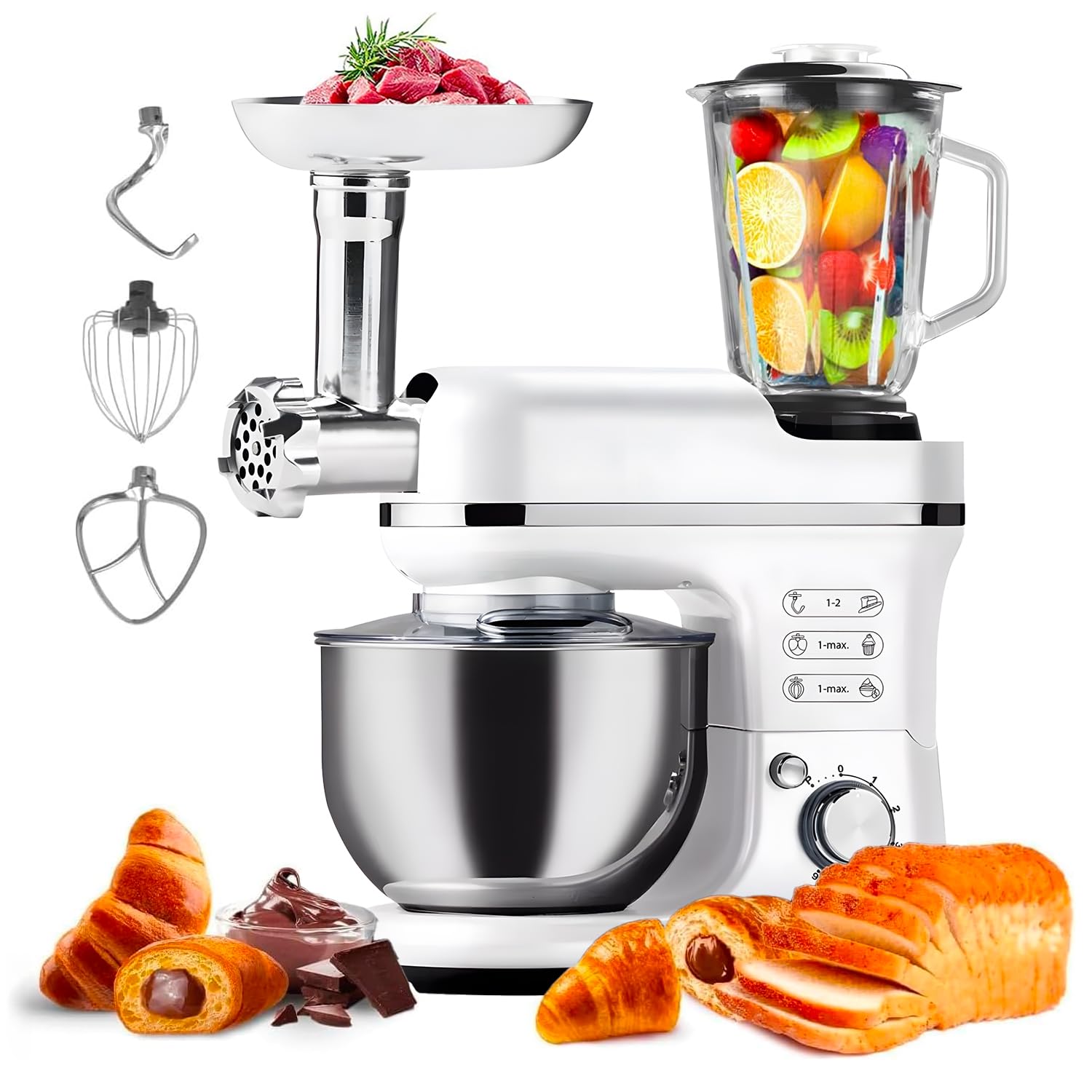Avilia Robot da Cucina Planetaria 1900W con Tritacarne e Frullatore - Ciotola in Acciaio Inox da 6,5L - 6 Velocità e Funzione Pluse - Ideale per Impasti, Frullati e Tritature
