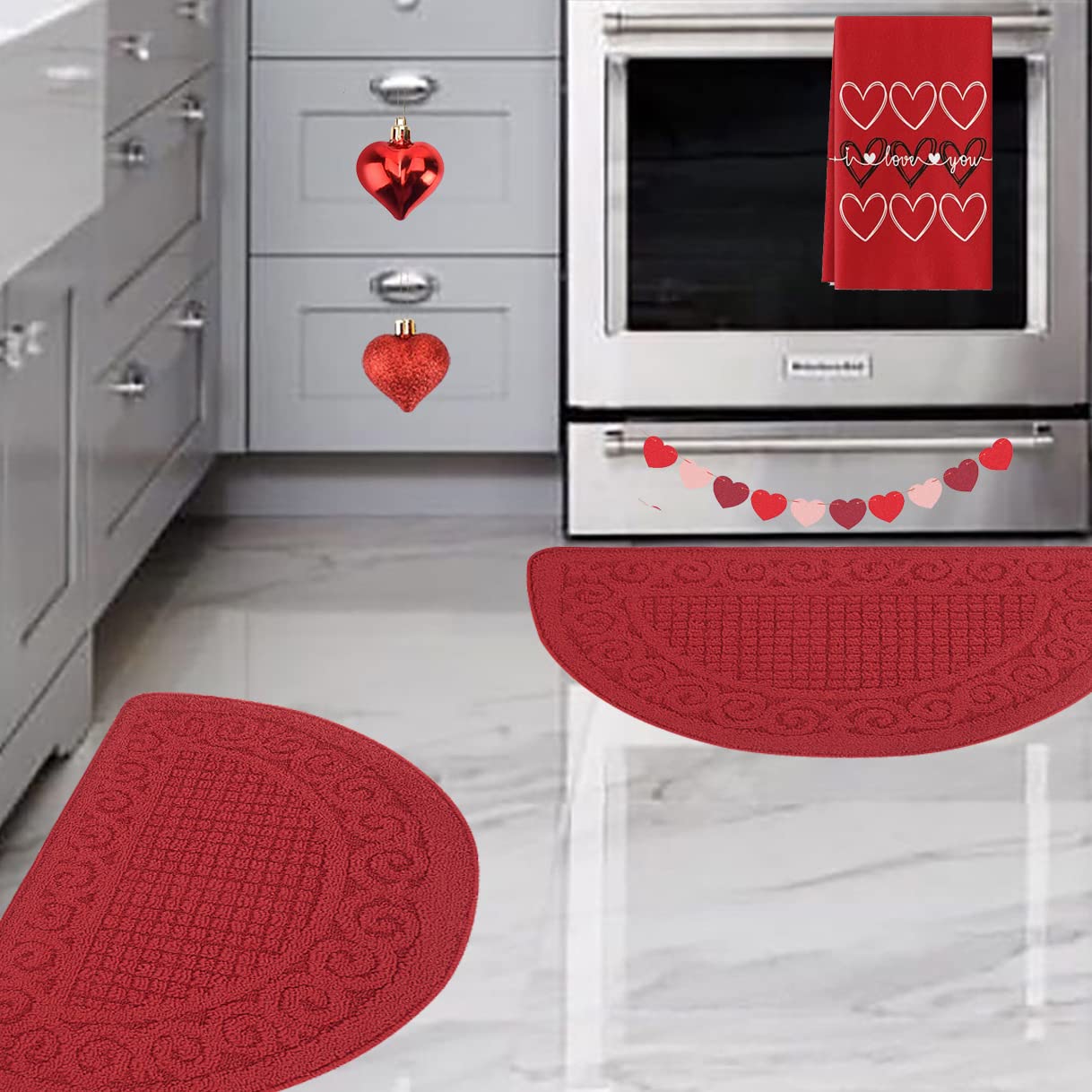 Kitchen Rugs Mats for Floor 2 Piece 18”X30”, Non Slip Washable Kitchen Mat, Absorbent Standing Throw Rug,Half Circle Carpet for Front of Sink,Laundry Room,Entryway, Red