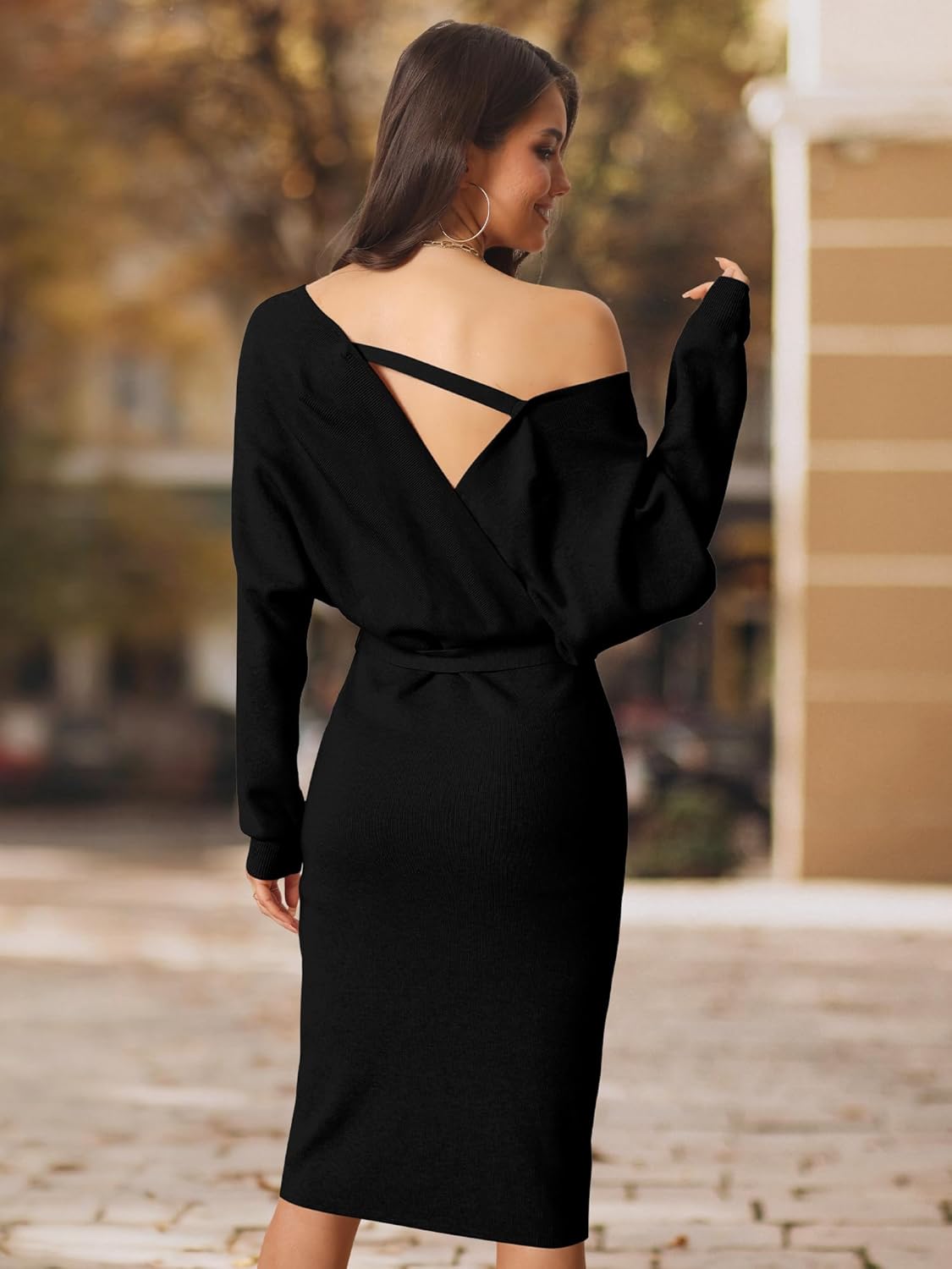 Seta T Women's V Neck Sweater Dress Batwing Sleeve Wrap Backless Knit Fall Midi Dress with Belted