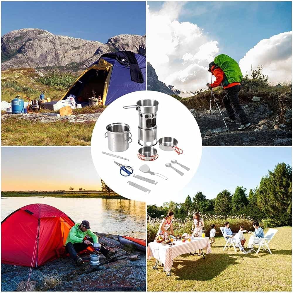 10Pcs Camping Cookware Mess Kit Portable Stainless Steel Folding Wood Stove Pot Pan Set Bowls Spoon Tableware Cooking Set