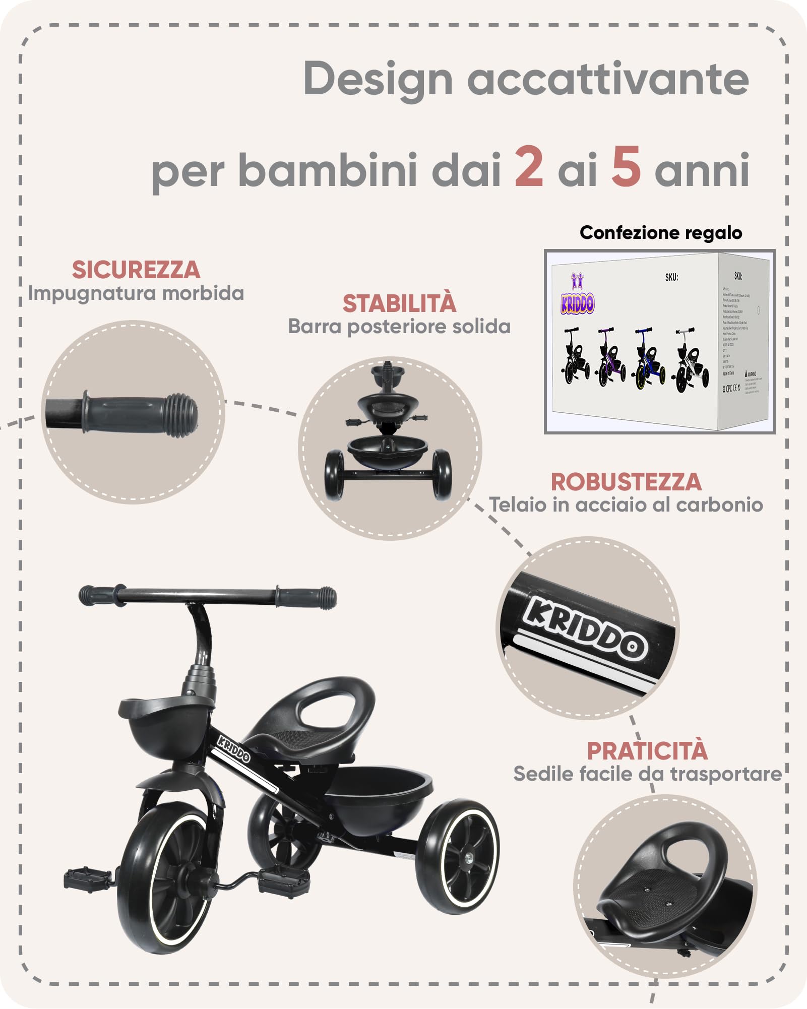 KRIDDO Triciclo per Bambini dai 24 mesi ai 5 anni, Tricicli per bambini da 2,5 a 5 anni, Triciclo Evolutivo da 2 a 4 anni, con Cestello Portaoggetti, Ideale da regalare, Nero
