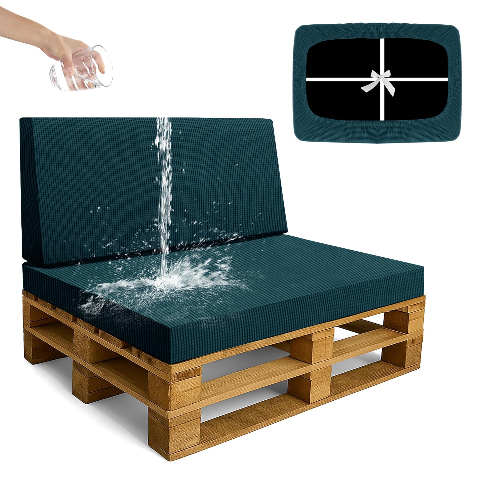 SYLC Waterproof Pallet Cushions Covers, Stretch Cover for Pallet Furniture Cushions with 4 Ties, Outdoor Corner Sofa Covers for Rattan Patio Garden Caravan (Teal,2 PCS(1 Seat+1 Back))