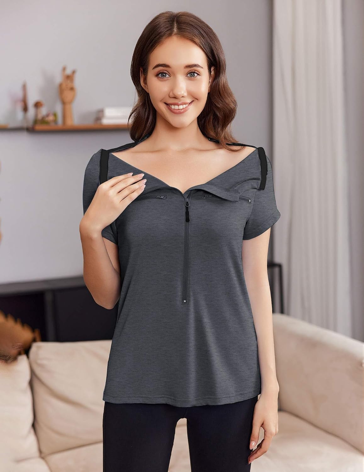 Deyeek Women's Chemo Port Access Shirts 2 Side Snap Short Sleeve image 2