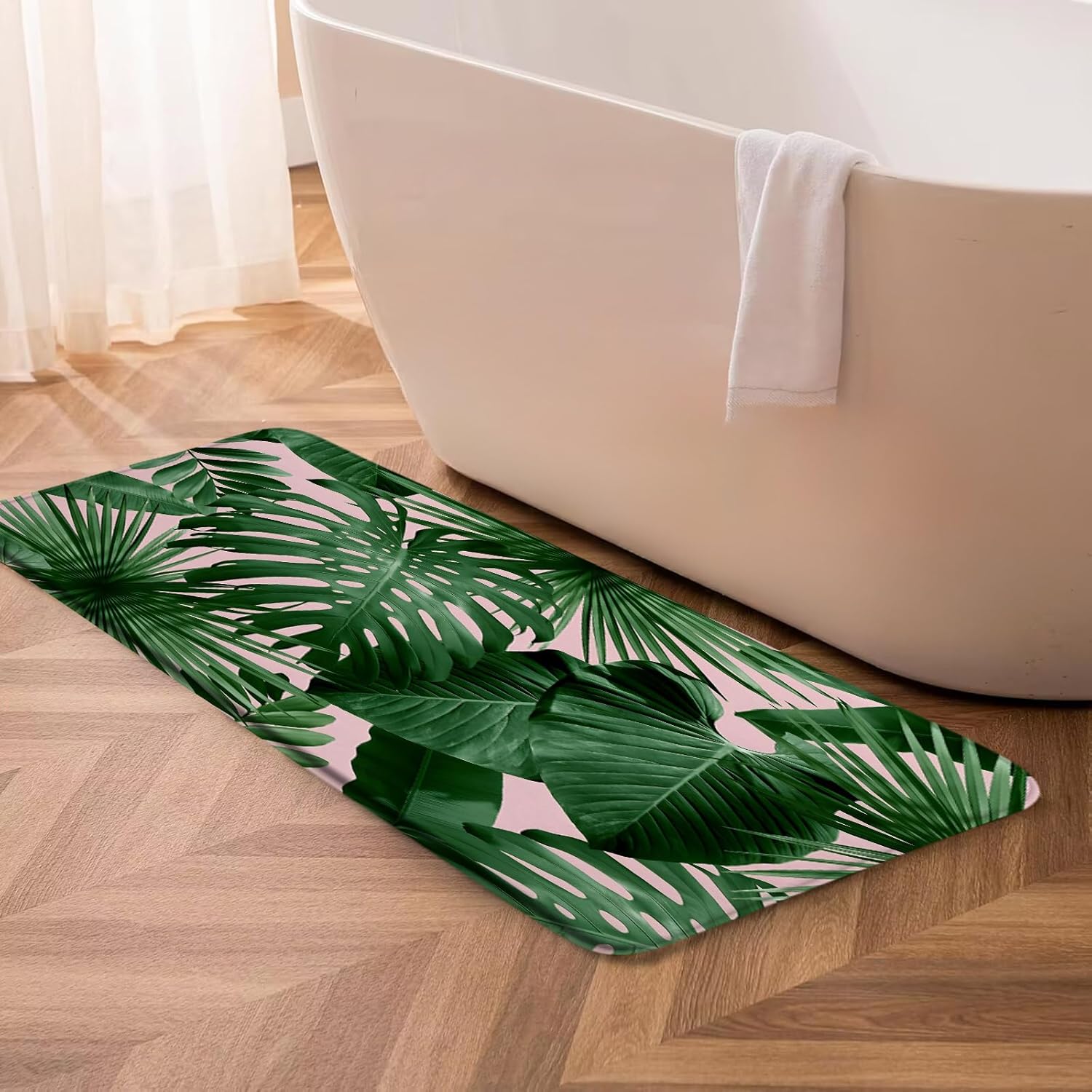 Tropical Leaves Bath Mat Green Plant Palm Monstera Banana Leaf Botanical Summer Jungle Modern Nature Memory Foam Home Office Door Bathroom Decor Mat,24"x60"