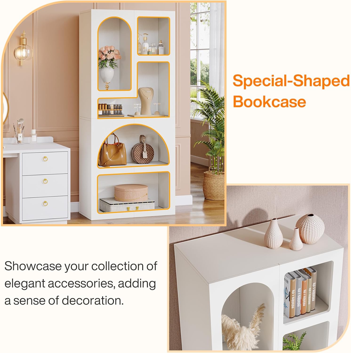 Tribesigns 70.87" Tall Geometric Bookshelf, White Arched Bookcase with 5 Irregular Storage Shelves, Modern Open Art Decor Display Shelf Free-Standing for Living Room, Bedroom, Closet 1 White