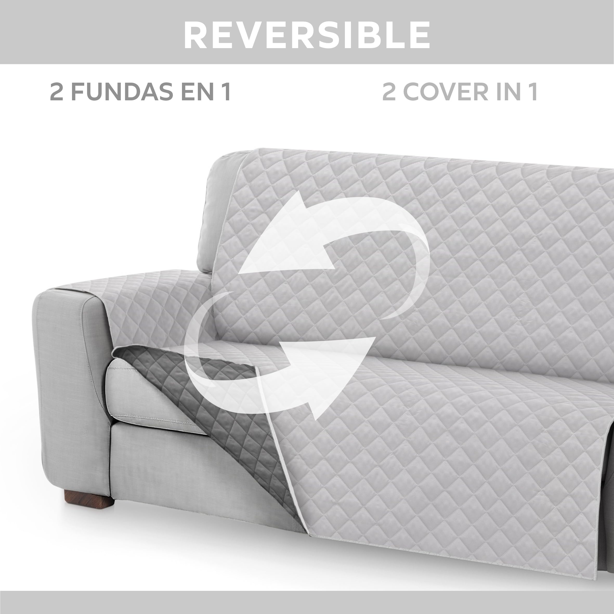 Textilhome Copridivano Malu 4 Posti (200cm) – Salvadivano Trapuntato Reversibile Universale, Protezione Antigraffio, Fodera Imbottita per Divano, Colore Grigio Chiaro