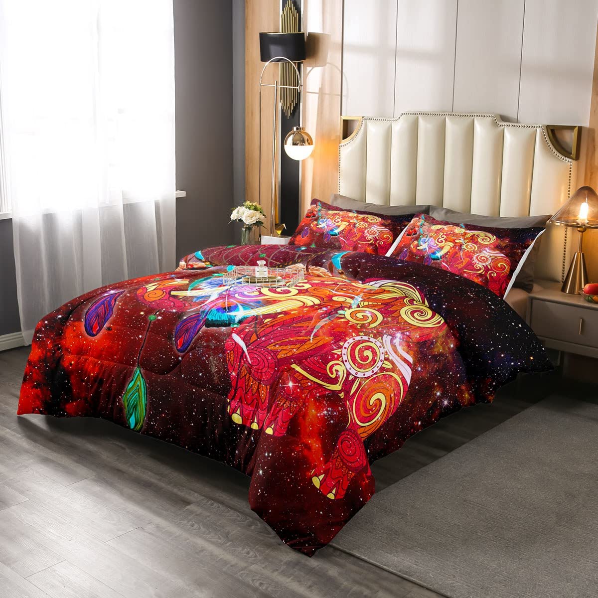 Loussiesd Animal Bedding Set for Girls Boys Child Boho Exotic Style Duvet Set Dreamcatcher Boho Dream Catcher Down Comforter Red Galaxy Double Size Quilt Set