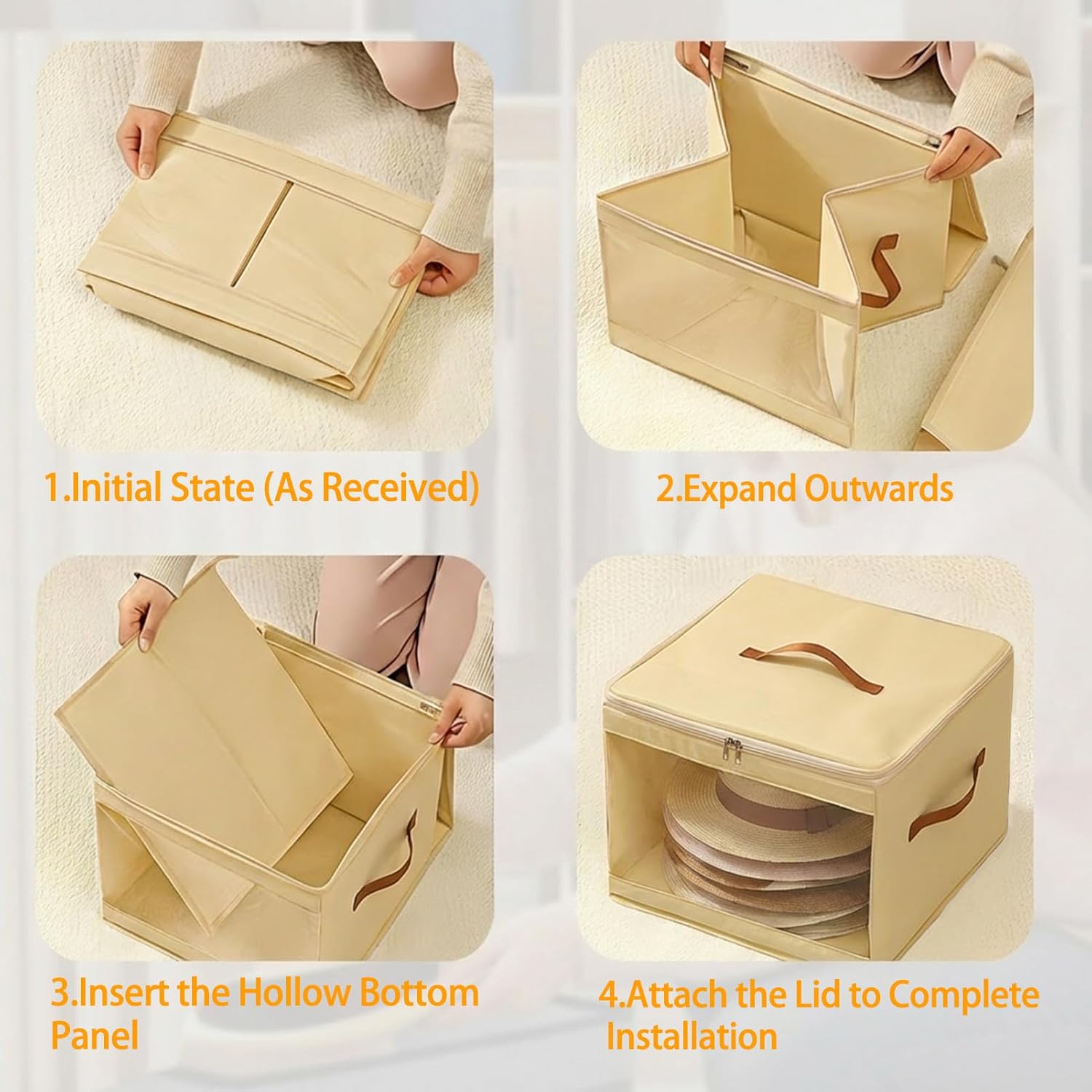 2 Pack Large Dustproof Hat Box Stackable Sturdy Hat Storage Box Foldable Closet Organizer Bag for Women Cowboy Hats Beige L