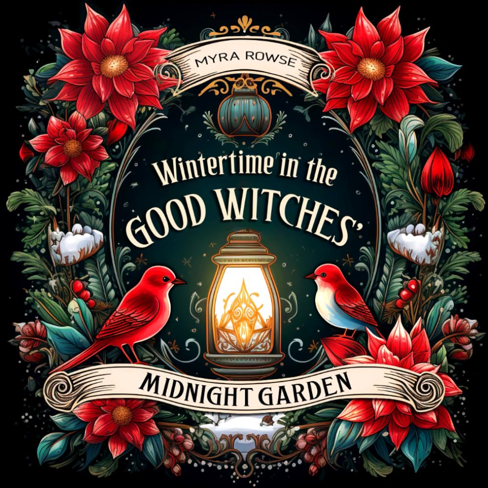Wintertime in the Good Witches' Midnight Garden: A Witchy Cottagecore Winter Coloring Book for Adults with Cozy Scenes, Whimsical Christmas Decorations, and Festive Trinkets on Black Background