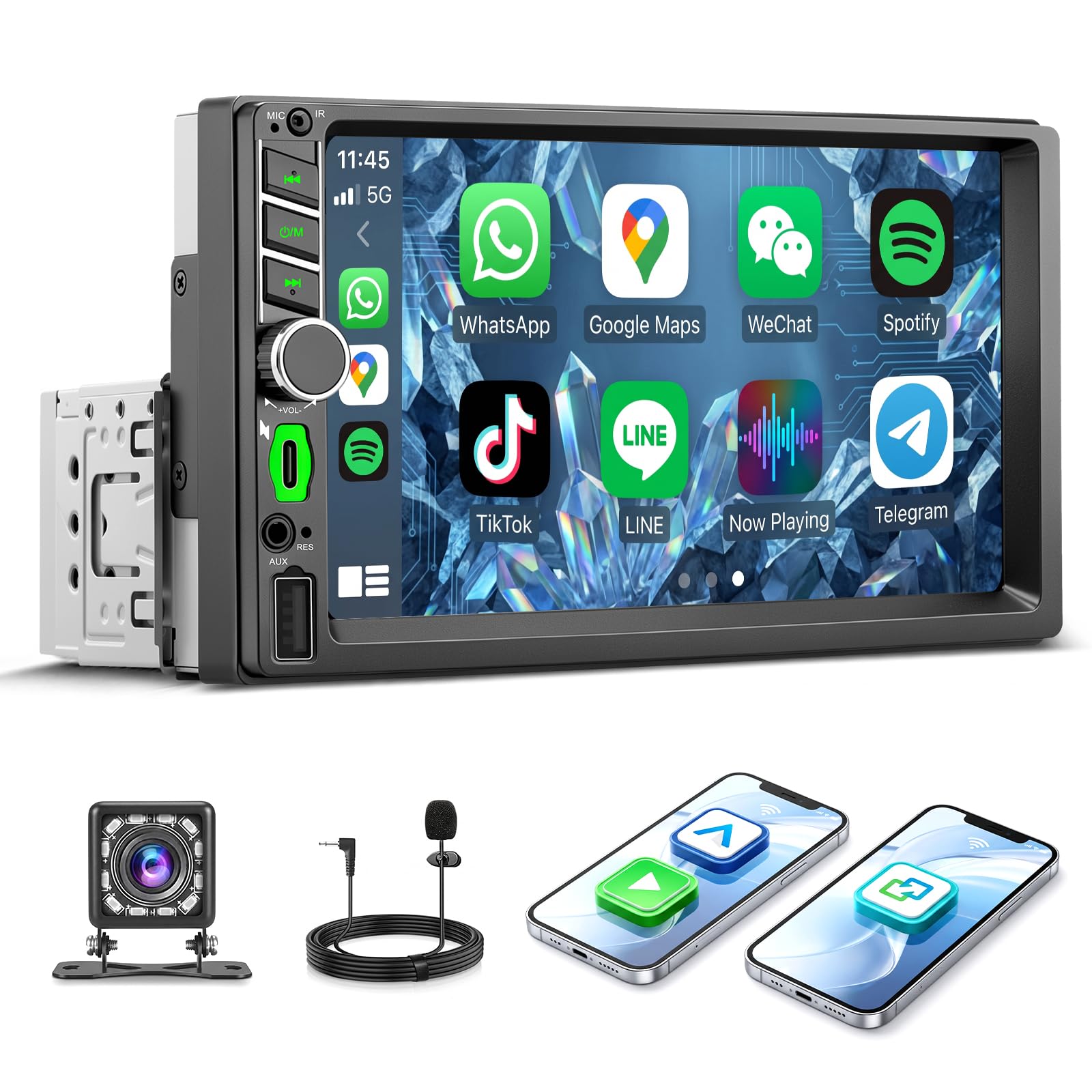 Autoradio 1 DIN avec Apple CarPlay et Android Auto sans Fil, Écran Tactile HD 7 Pouces, Radio Voiture Bluetooth Kit Mains Libres, Mirror Link, Navigation GPS, Caméra de Recul, USB, Type-C, FM, SWC