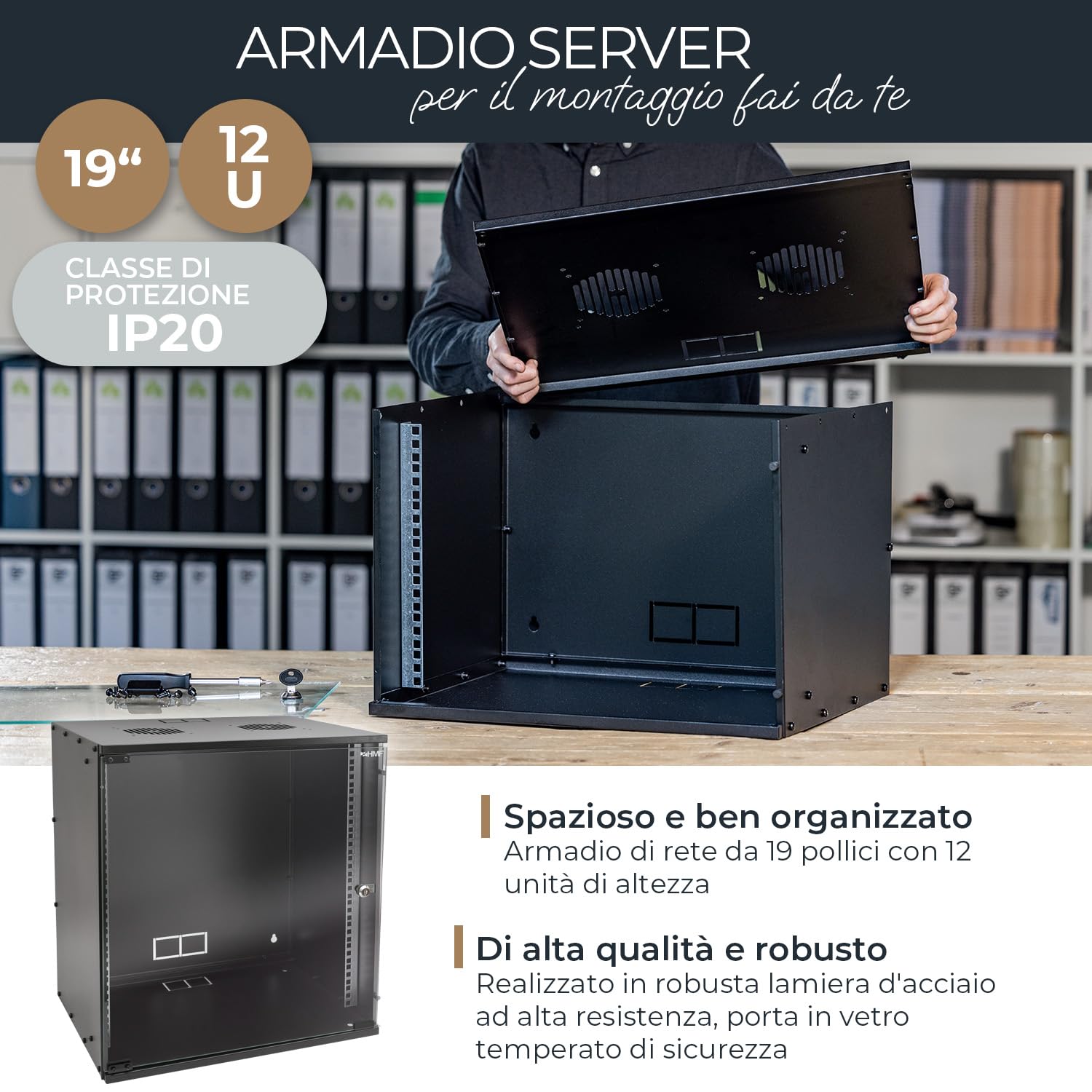 HMF 65712-02 Armadio rack 19 pollici, 12U, 400mm, porta in vetro, nero