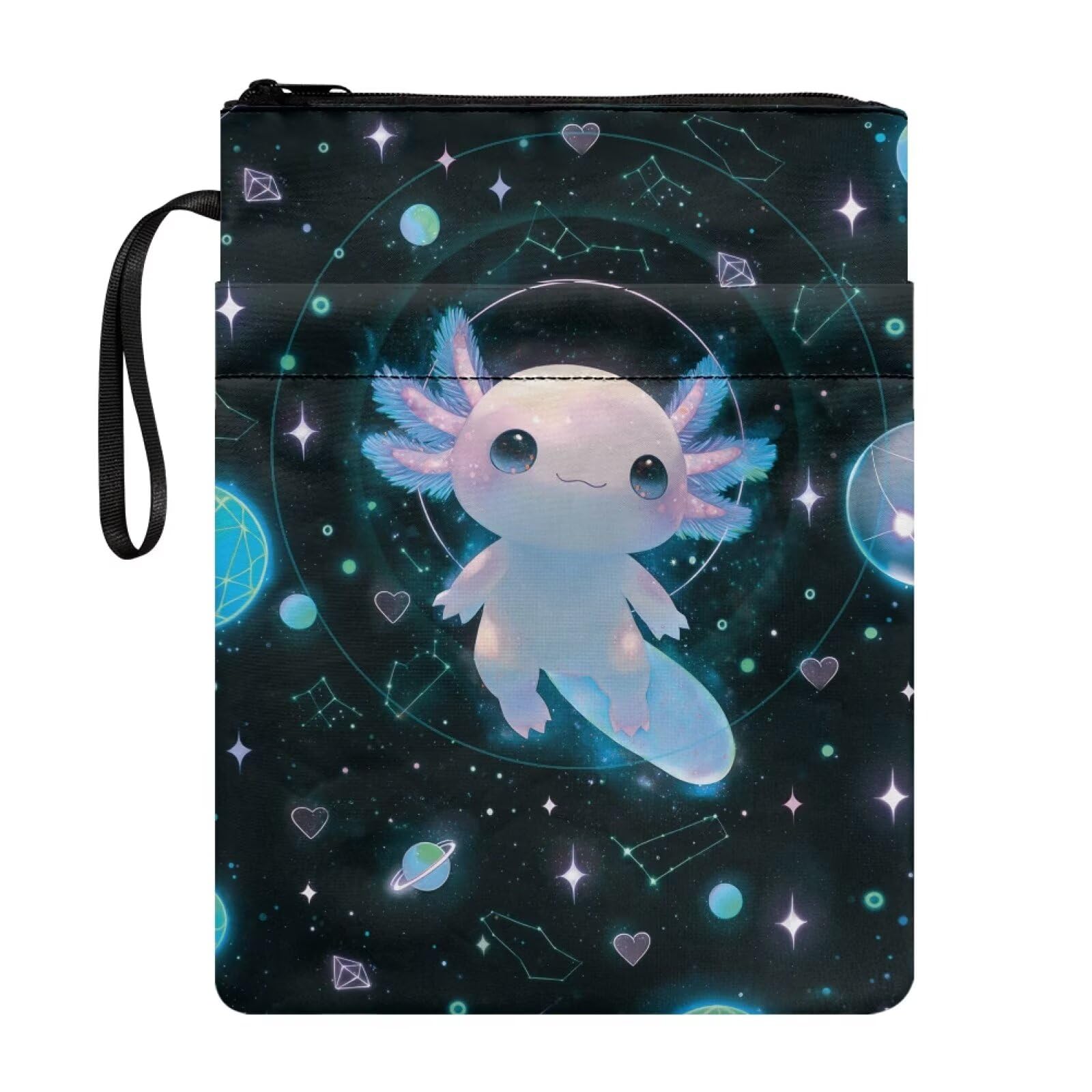 COEQINE Travel Book Case for Women Teen Galaxy Axolotl Sleeve Pouch Men Woman Washable Fabric Cloth Bag with Strap Zipper Pocket Lovers Birthday Gifts