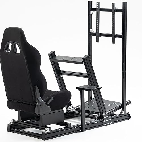 Hottoby F1 Racing Simulator Cockpit with Black Seat & Monitor Frame Fit for Logitech G25 G27 G29 G923,for Thrustmaster T80,for Fanatec,Aluminum Profile Truck,No Handbrake,Pedals & Steering Wheel