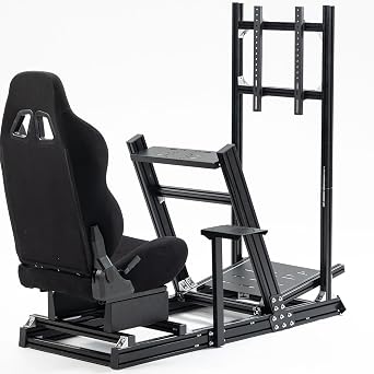 Hottoby F1 Racing Simulator Cockpit with Black Seat & Monitor Frame Fit for Logitech G25 G27 G29 G923,for Thrustmaster T80,for Fanatec,Aluminum Profile Truck,No Handbrake,Pedals & Steering Wheel