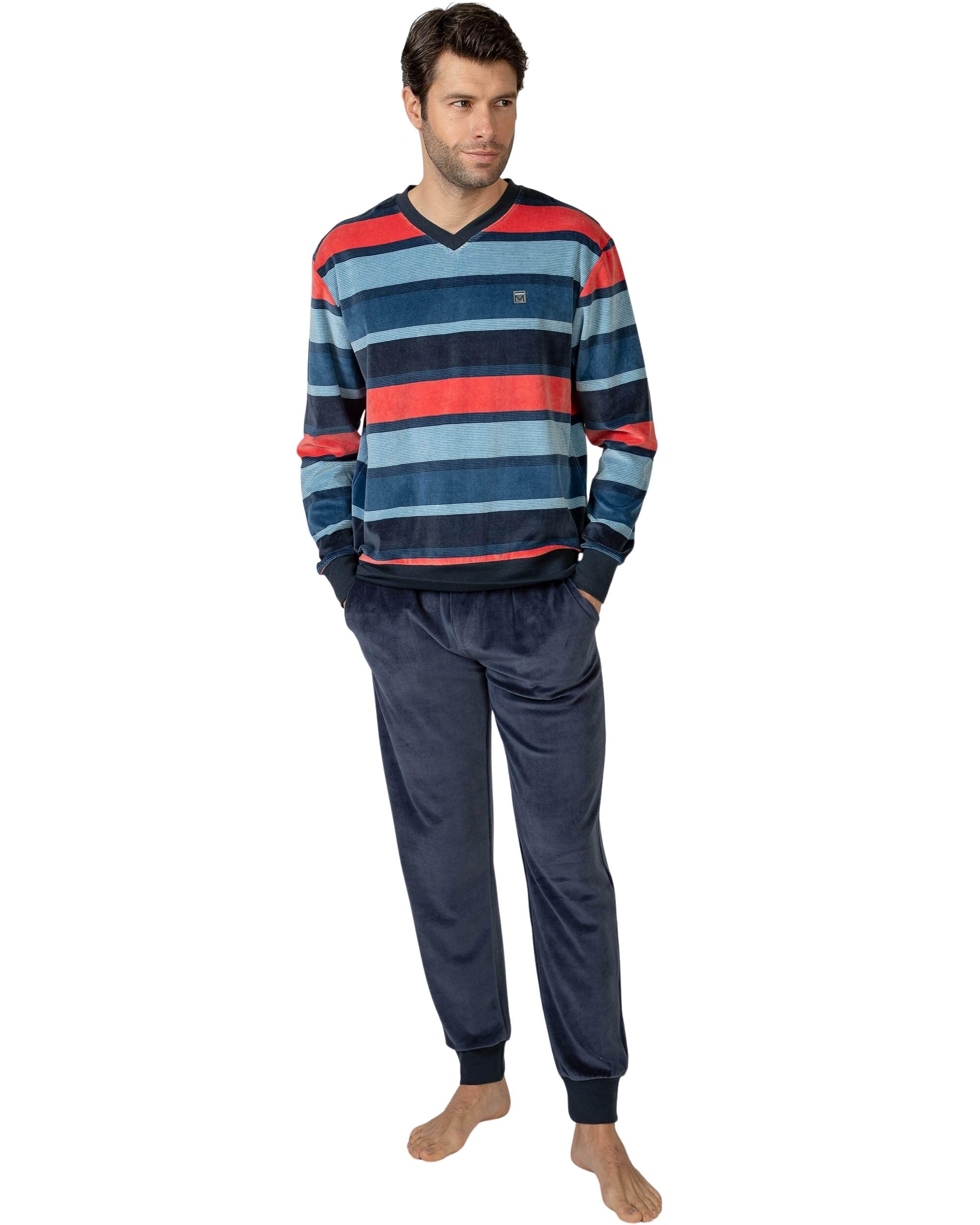 MASSANA Pijama de Invierno para Hombre, Manga Larga, 80% Algodón 20% Poliéster, Conjunto de 2 Piezas, Azul/Marino