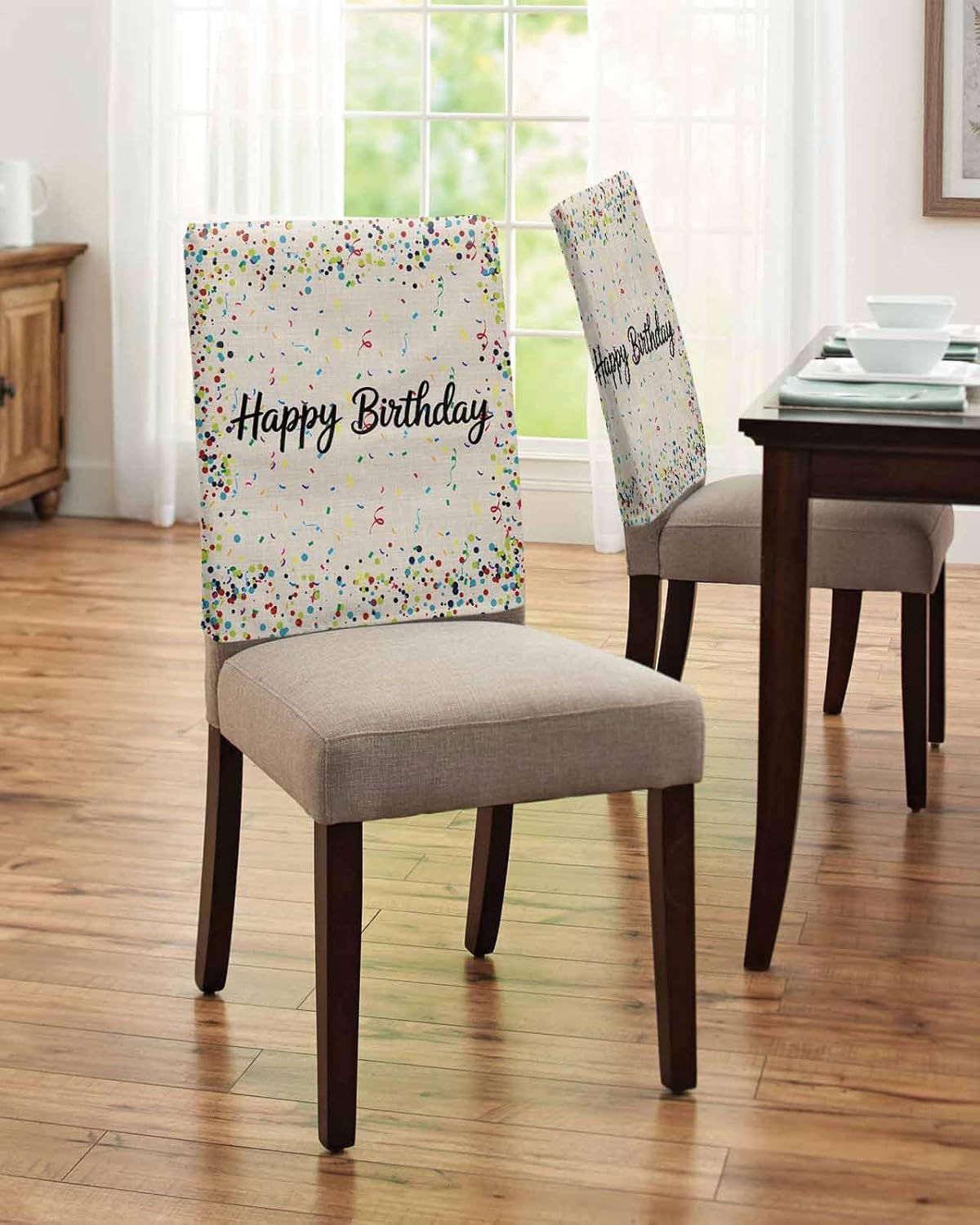 Beige Birthday Chair Back Covers Set of 4, Dining Confetti Back Chair Cover Removable Washable Back Slipcovers, Colorful Ribbons Polka Dots Class Kitchen Chair Protector for Wedding Party Housewarming