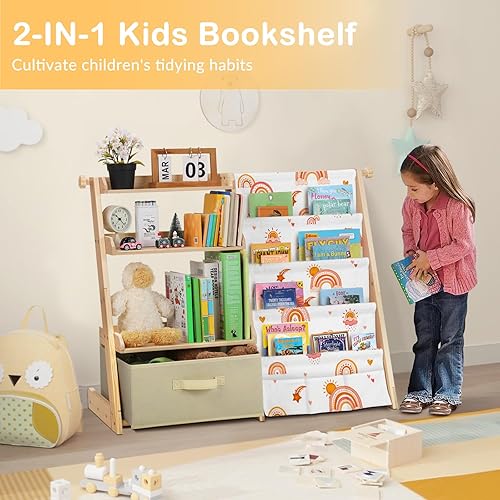 Miniatura 3 de Estantería infantil y organizador de almacenamiento de juguetes 2 en 1 para niños pequeños, estante de 4 niveles con caja de juguetes para