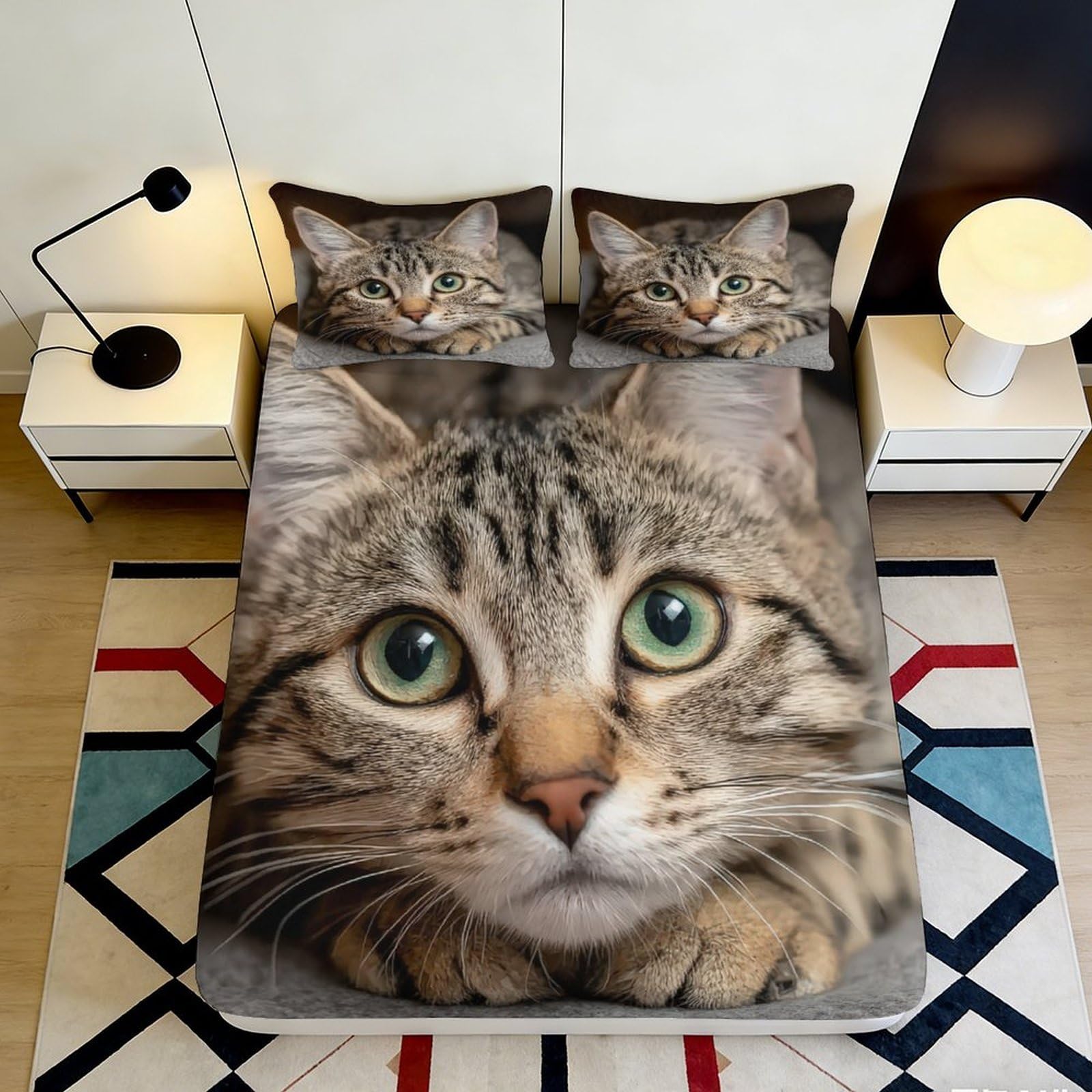 3D Printed Cat Face Fitted Sheet Microfiber Soft Breathable Tabby Cat Bed Cover for Bedroom Dormitory Guest Room Mattress Protection Decor 200x200x25cm