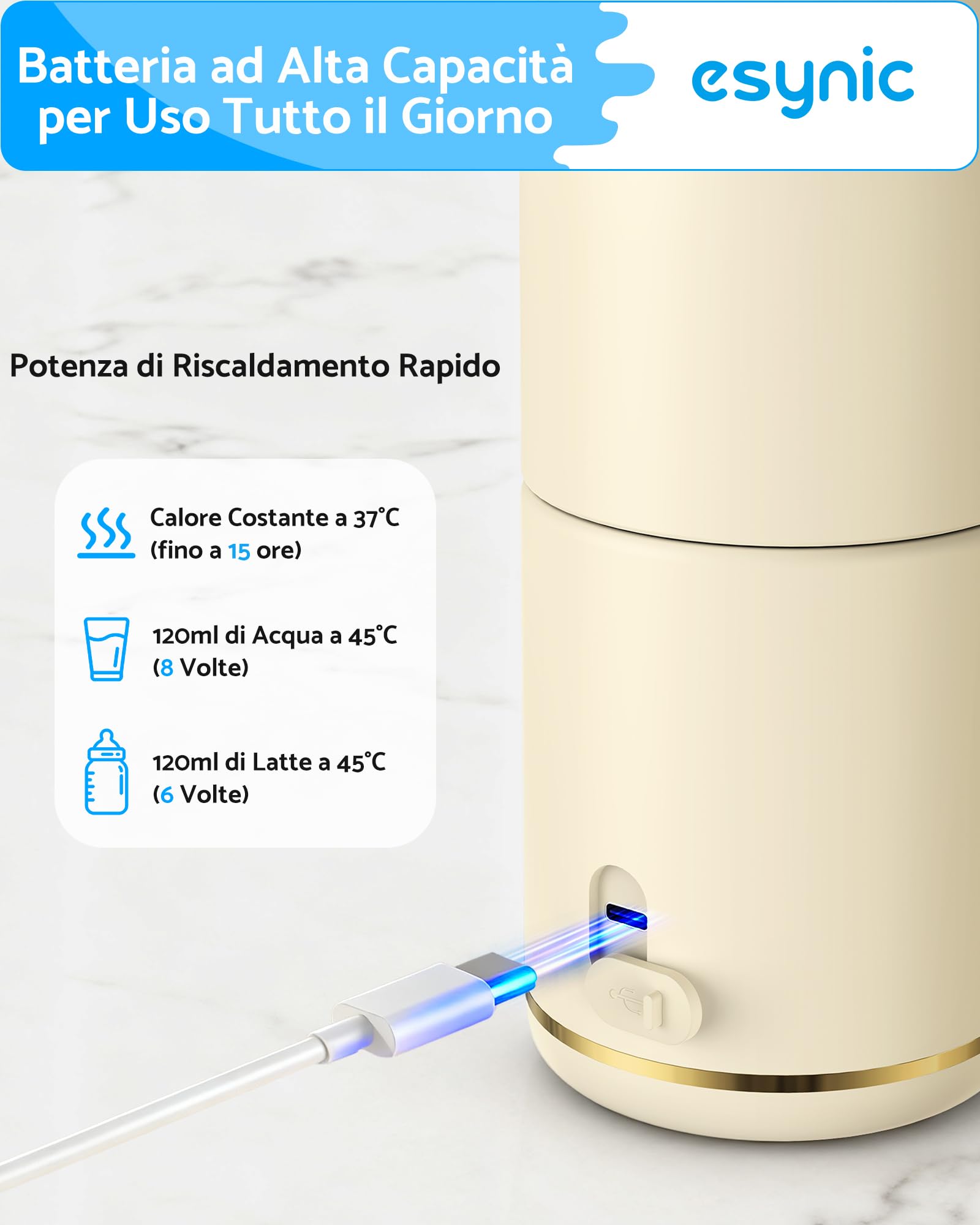 eSynic Scaldabiberon Portatile 450ml in Acciaio Inox, Riscaldamento Rapido 2-3 Minuti, Batteria Lunga Durata 15000mAh, LED Display Temperatura 37-55°C, Bottiglia Ricaricabile in Movimento