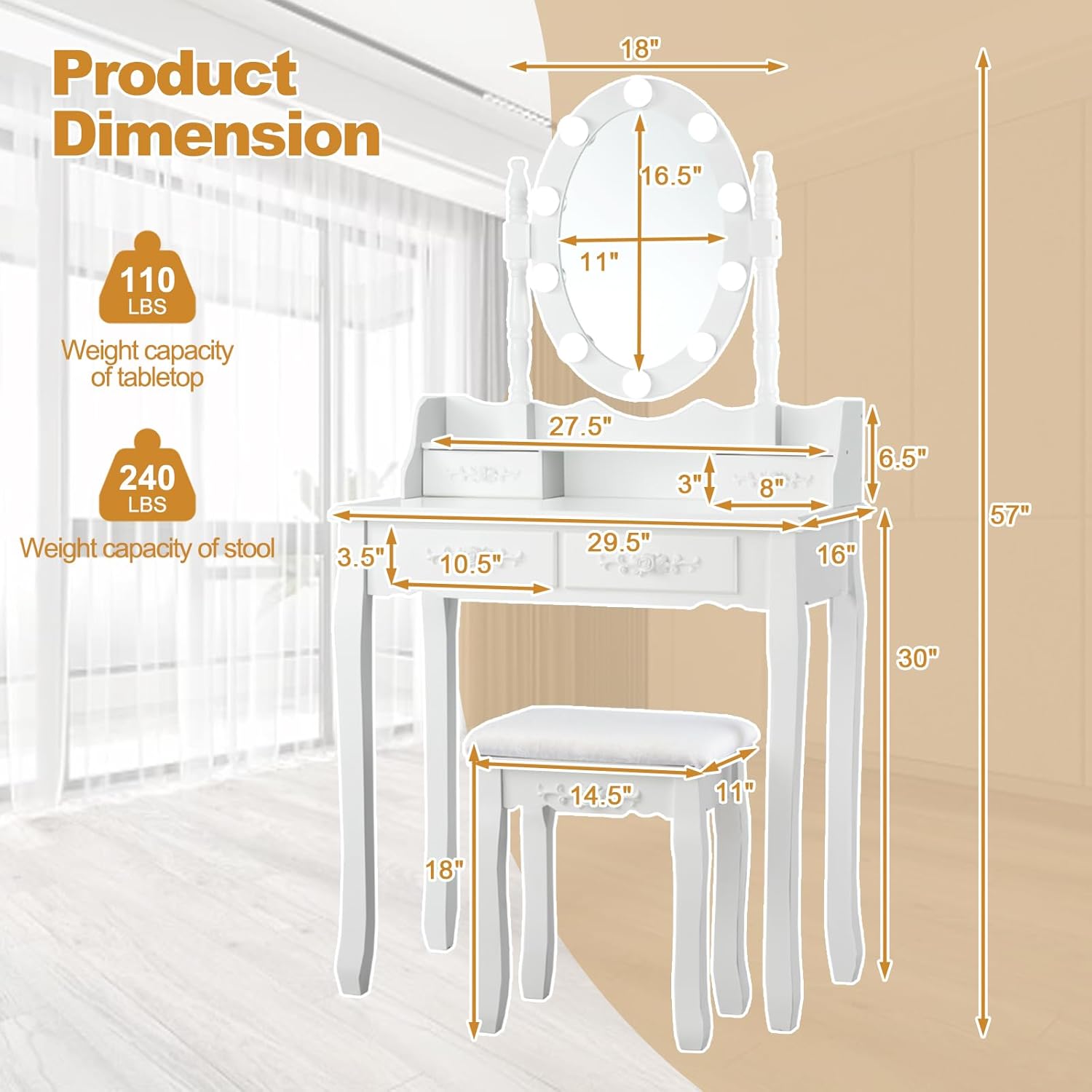 CHARMAID Girls Vanity Table with Lighted Mirror and Stool, 10 Dimmable LED Lights, 3 Color Lighting Modes, 4 Drawers, Rose-Shaped Handle, Bedroom Dressing Makeup Vanity Desk Set (White)