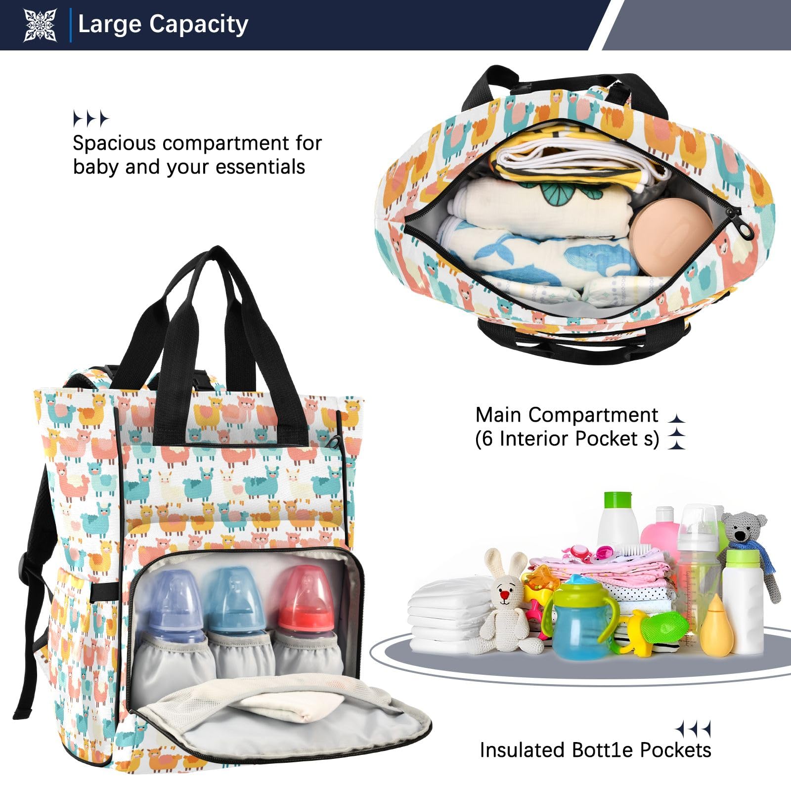 Mnsruu Little Cartoon Alpaca Baby Diaper Bag Zaino Grande Borsa Impermeabile Viaggio Borse per Pannolini per Mamme e Papà