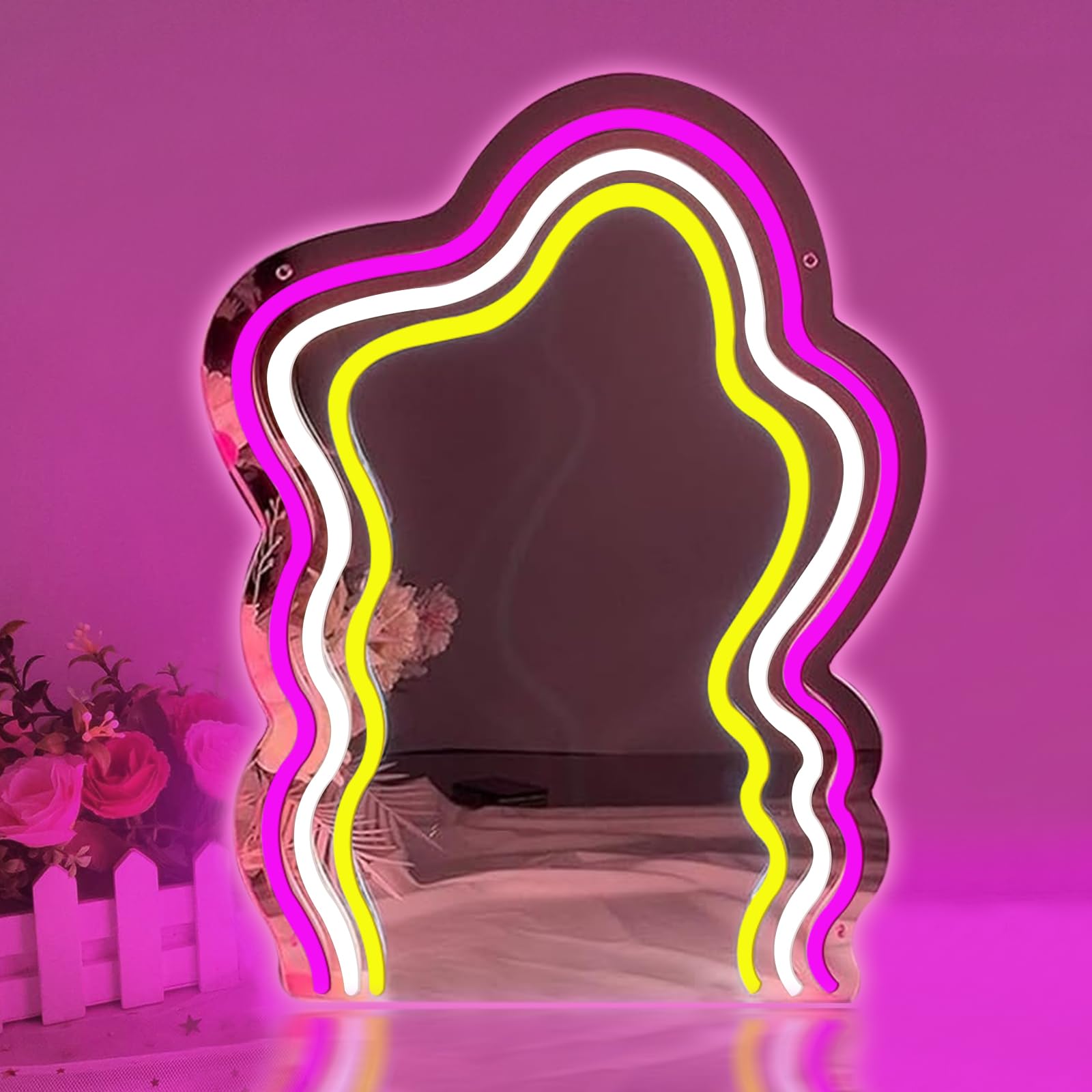 Wavy Mirror Neon Sign Colorful Neon Art Sign for Wall Decor LED Neon Mirror Light Up for Girls Room Bedroom Makeup Vanity Wedding Birthday Party