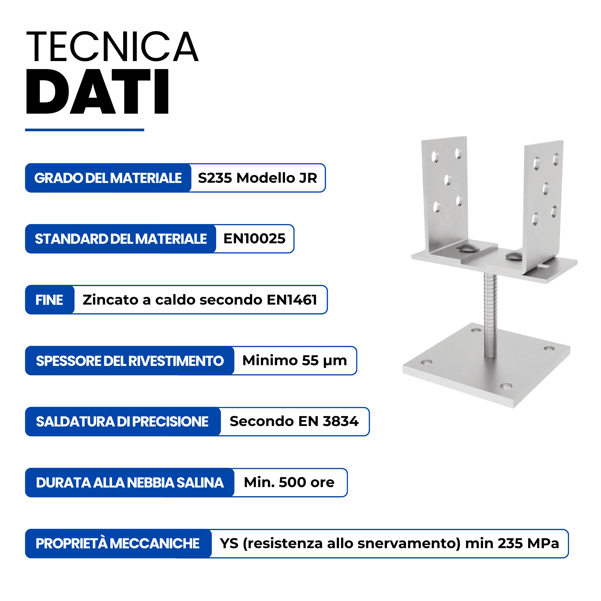 Supporto per Palo a U Regolabile 100x100 mm Zincato Elettroliticamente 0-160 mm