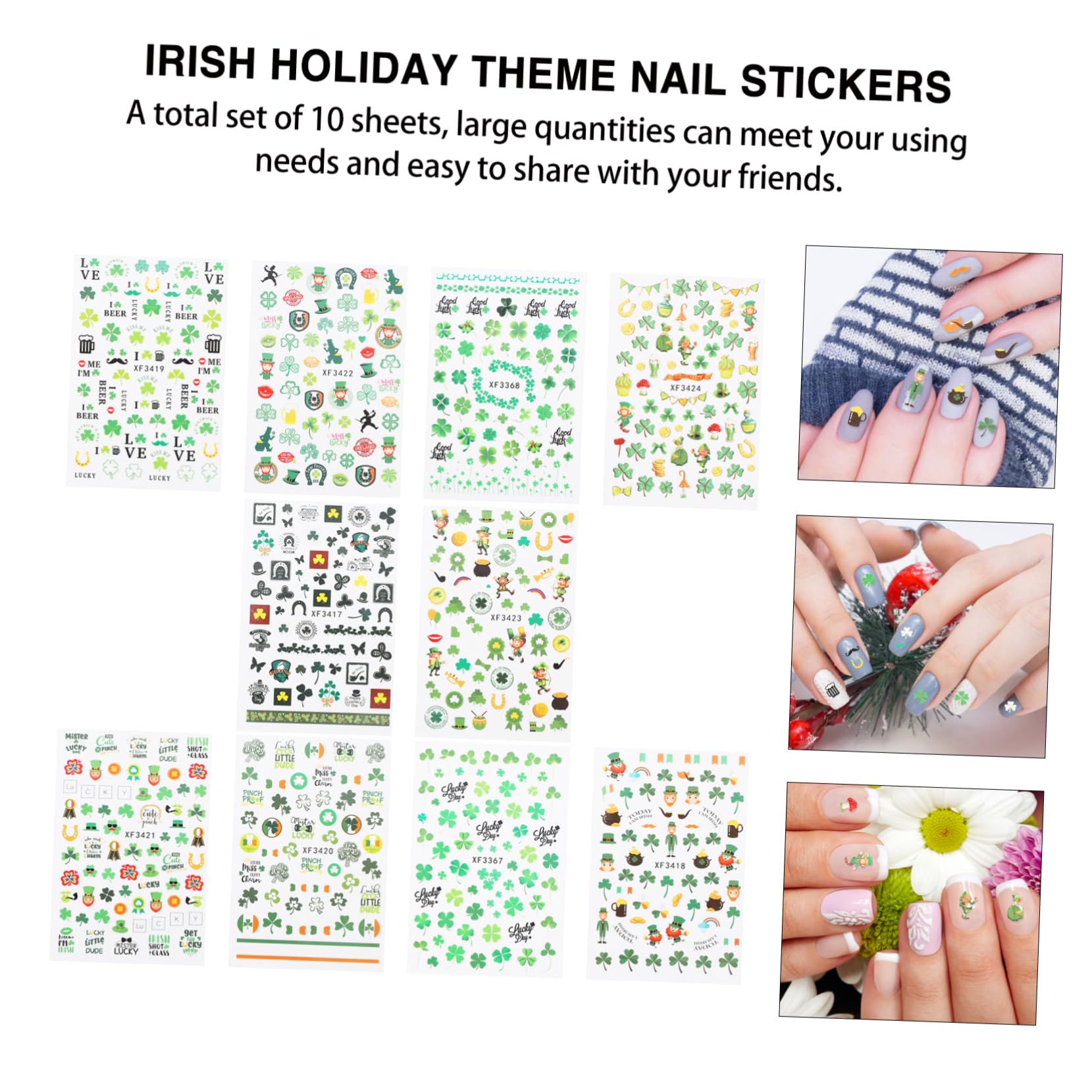 VICASKY 3 Set Adesivi Unghie Festival San Patrizio Stickers Creativi Per Decorazioni Nail Art Facili Applicare Atmosfera Festiva Per Feste E Manicure 10 Fogli*3