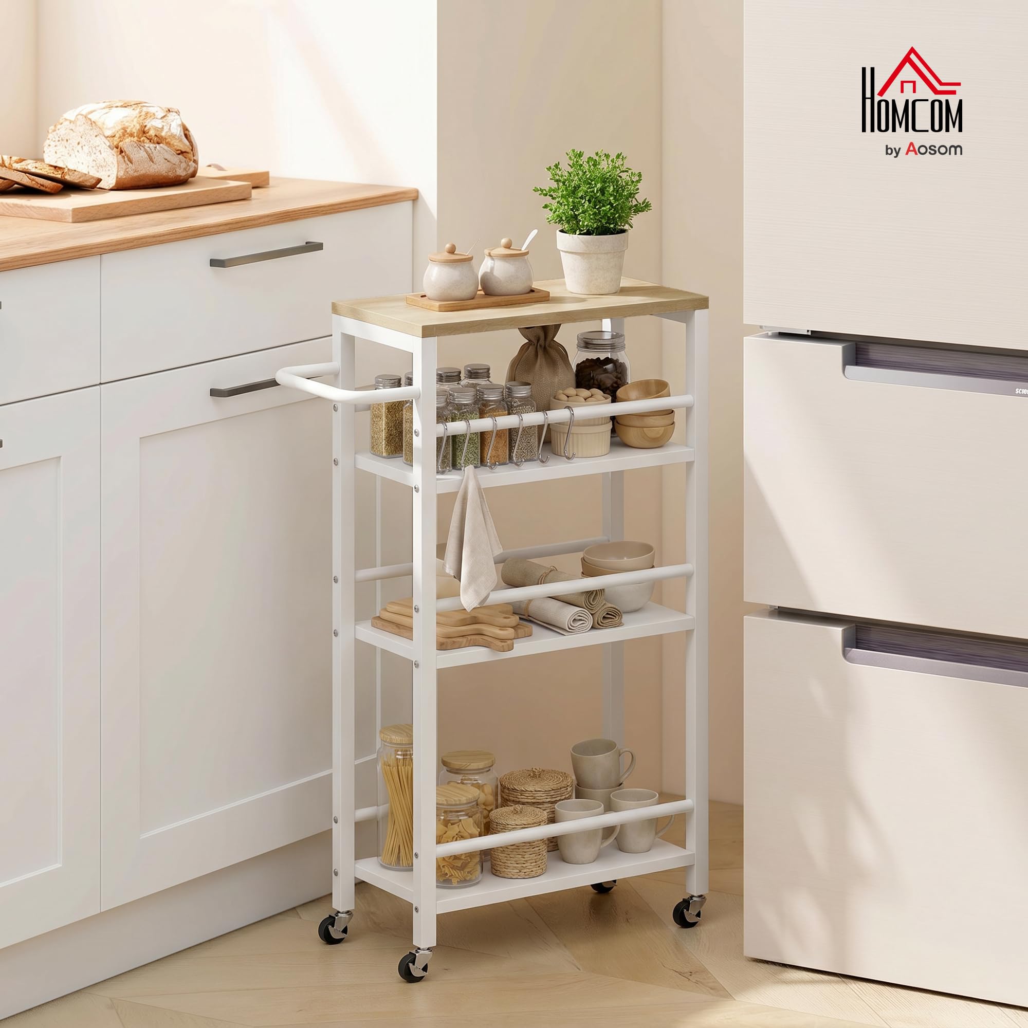 HOMCOM Carrito Auxiliar Ruedas de 4 Niveles con 6 Ganchos 50x20x81cm Roble | Carrito de Cocina con Toallero, Estrecho para Espacios Pequeños, Verduras, Frutas, para Comedor