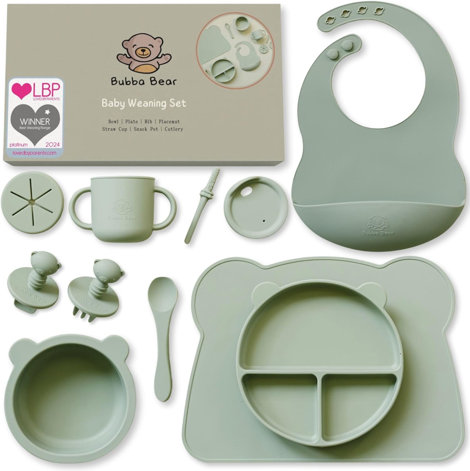 Bubba Bear Baby Weaning Set, Silicone Feeding Plates and Bowls Sets for Babies | Bowl, Plate, Bib, Toddler Water Bottle Cup with Straw, Snack Pot & Spoon Cutlery Eating Bundle from 6 Months, 11 pieces