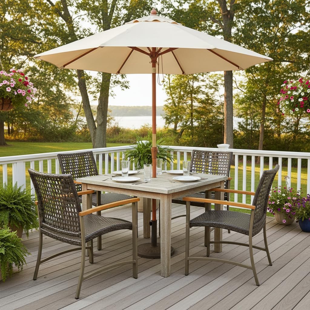 Tangkula Patio Dining Chairs Set of 4, Outdoor PE Wicker & Heavy-Duty Metal Chairs with Acacia Wood Armrests, Outdoor Rattan Armchairs for Garden, Backyard, Poolside, Balcony