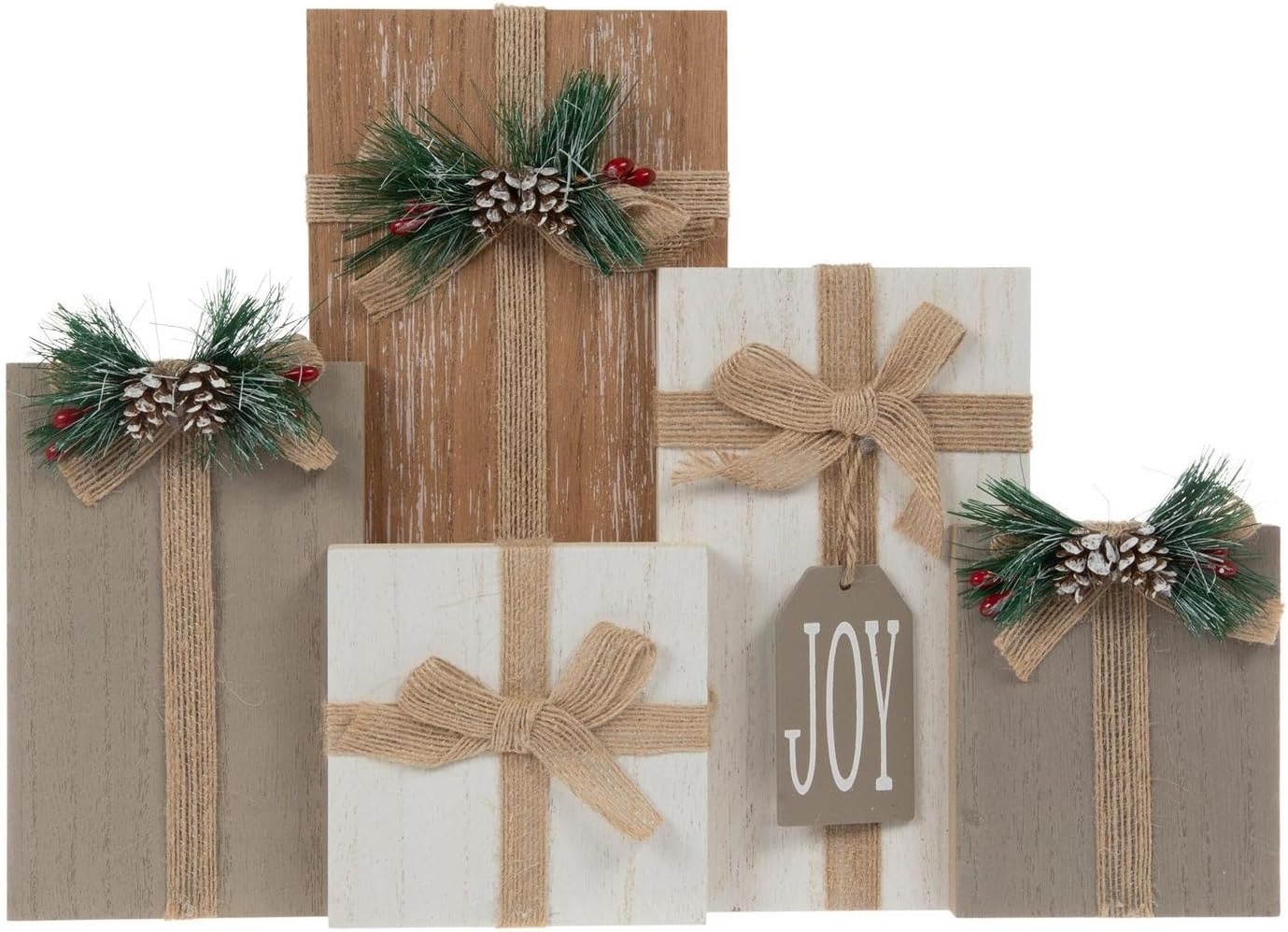 Hobby Lobby Rustic Christmas Gift Box Tabletop Decor, White and Taupe Wood Panels with Pine Cones, Burlap Bows, Joy Tag, 10 x 13.75 x 2 Inches, Holiday Home Office Decoration
