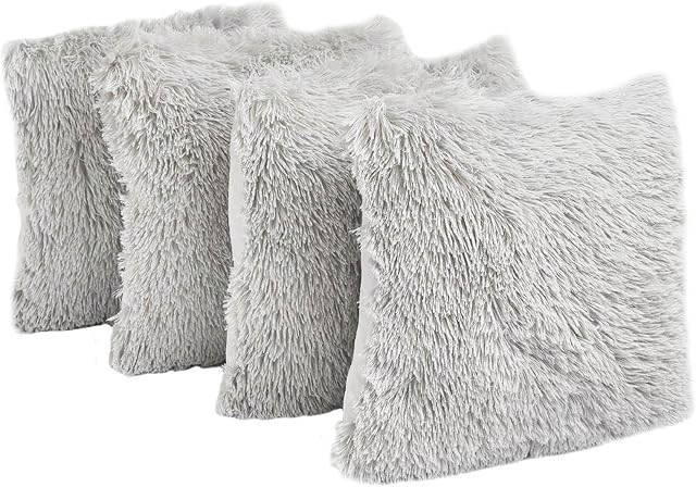 Sienna Fluffy Shaggy Pack of 4 x Square Cushion Covers 45 x 45 cm Long Soft Fibre Home Sofa Couch Reversible Set, 18" x 18" - Silver Grey
