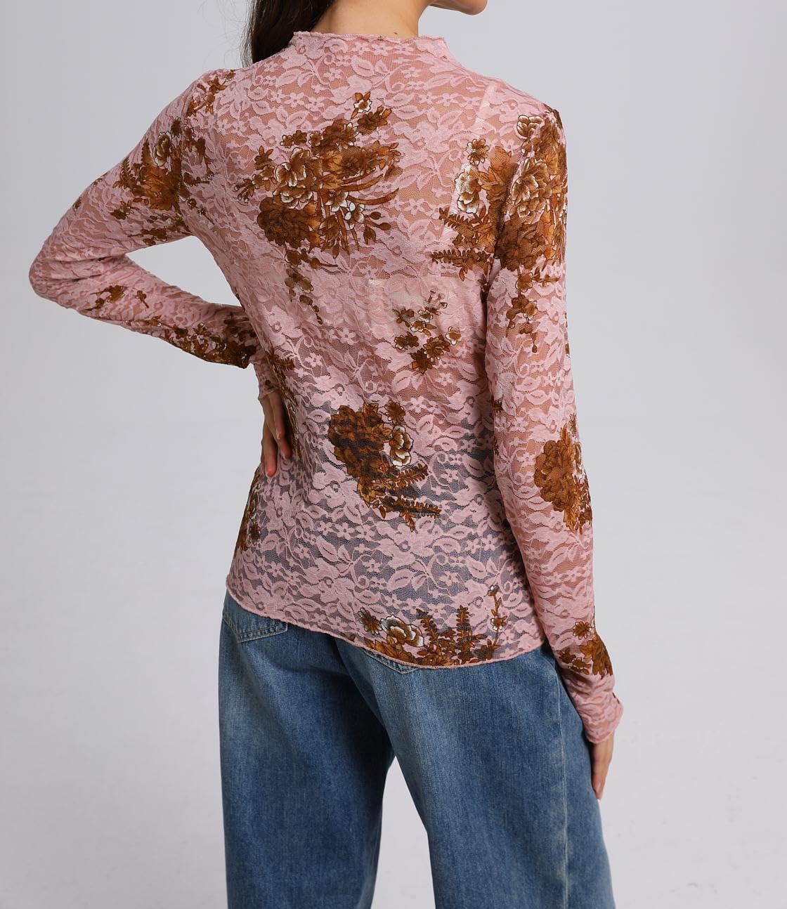 IWOLLENCE Women's Sexy Lace Long Sleeve Mock Neck Tops Trendy Floral See Through Blouse Western Sheer Mesh Shirts - Image 5