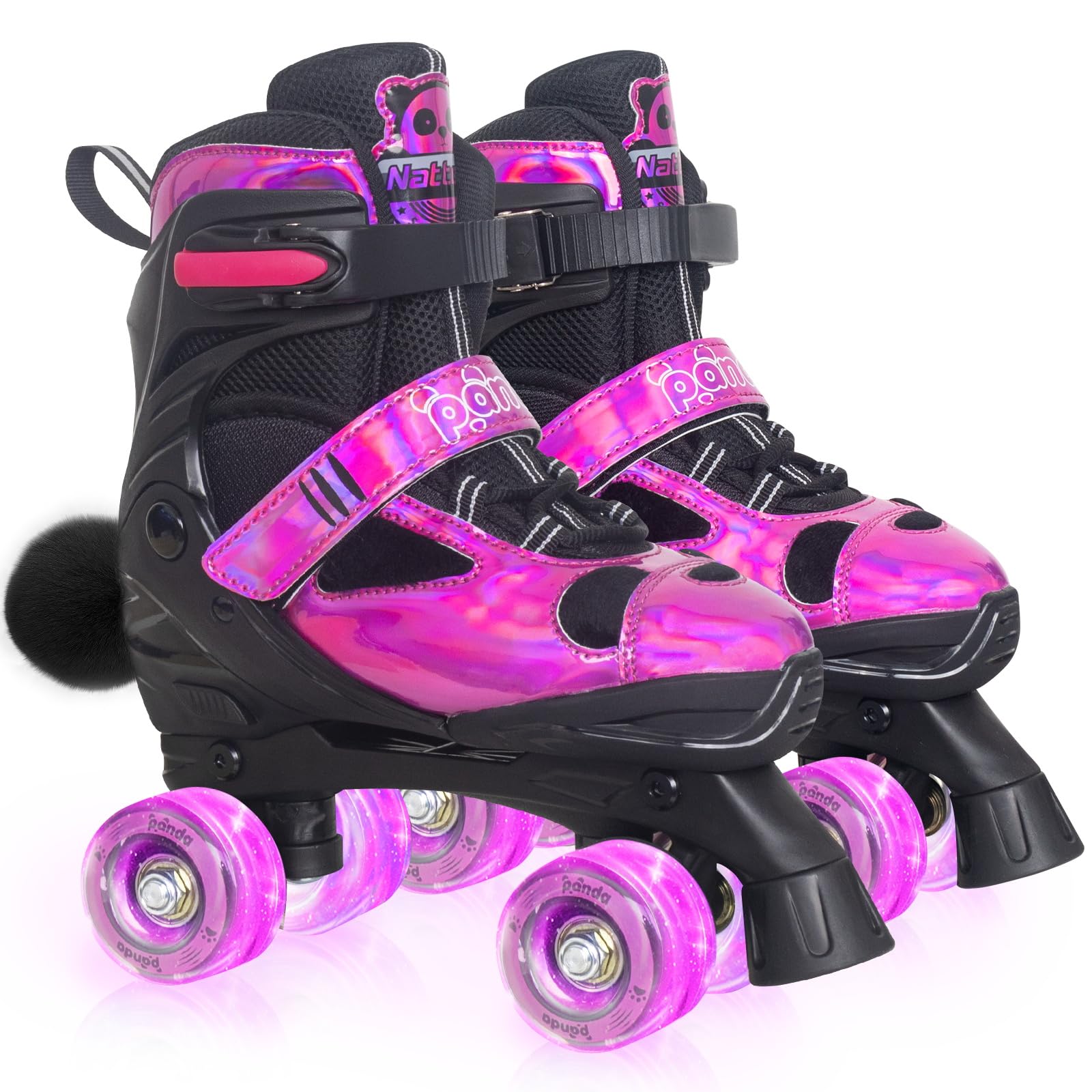Nattork Roller Skates for Kids, 4 Size Adjustable Panda Quad Skates with All Light Up Wheels,Panda Roller Skates for Kids Children - Best Birthday Gift for Outdoor Sports