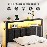 Vista 3 de OLEVS Base de cama individual con luces LED y salidas USB, cama individual de plataforma con cabecera de almacenamiento, no necesita somier, fácil